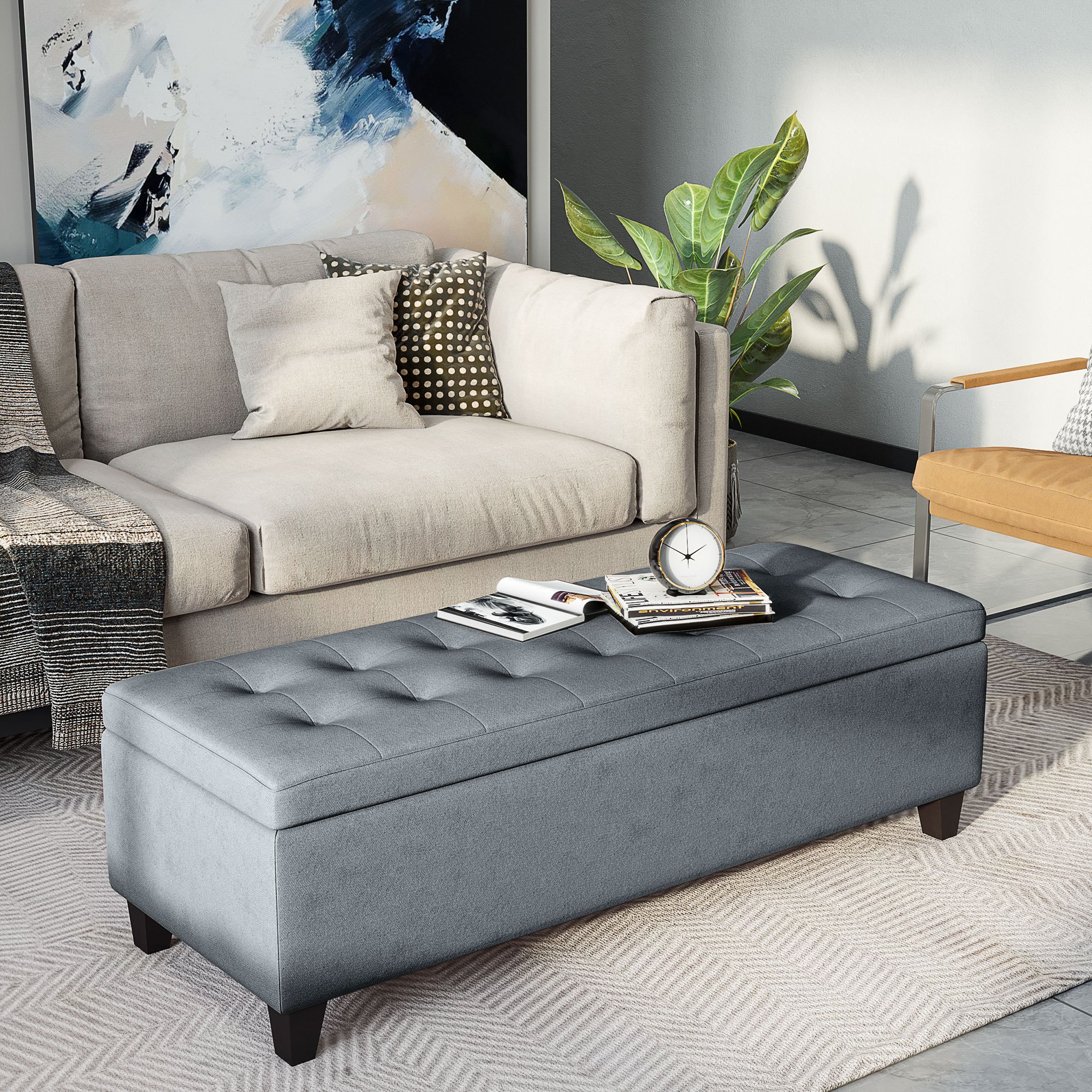 Image of Storage Bench, Upholstered Bench With Storage, Storage Bench With Lid, Linen Look, Chest Bench, Storage Bench For Living Room, Bedroom, Grey, 125 X 49 X 41.5 Cm