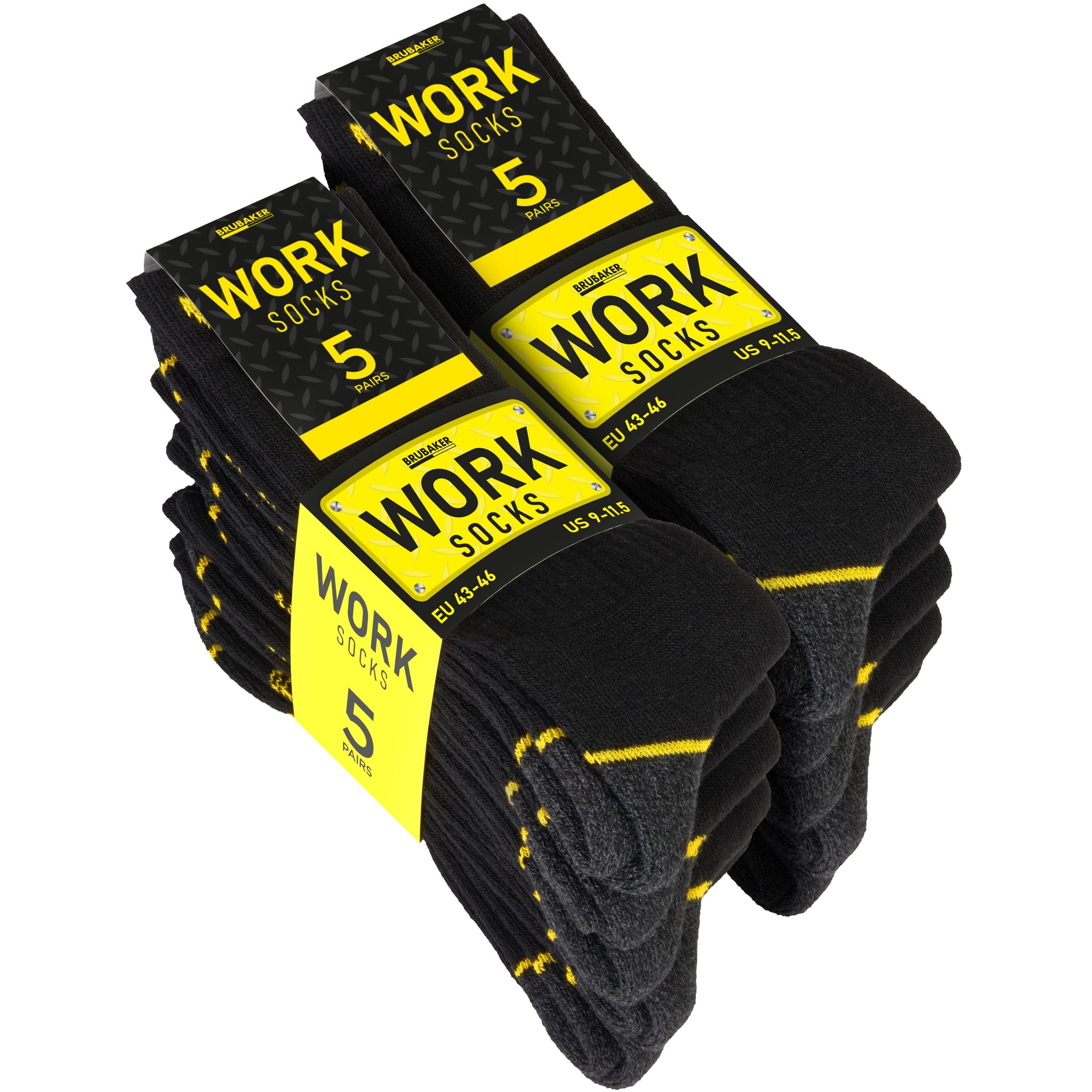 Brubaker 10 Pairs Men's Work Socks - Reinforced Heel And Toe Area - Black Yellow