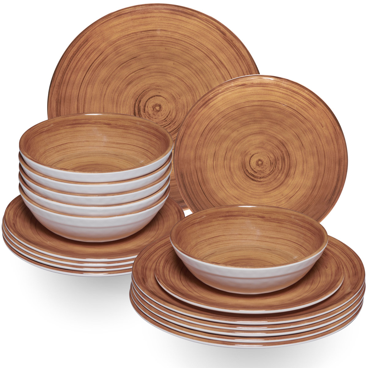 Melamine Dish Set Brown For 6 People - 18pcs Wooden Look Dishwasher Safe Tableware Camping Accessories Camping Dishware Camping Festival Picnic Garden Party