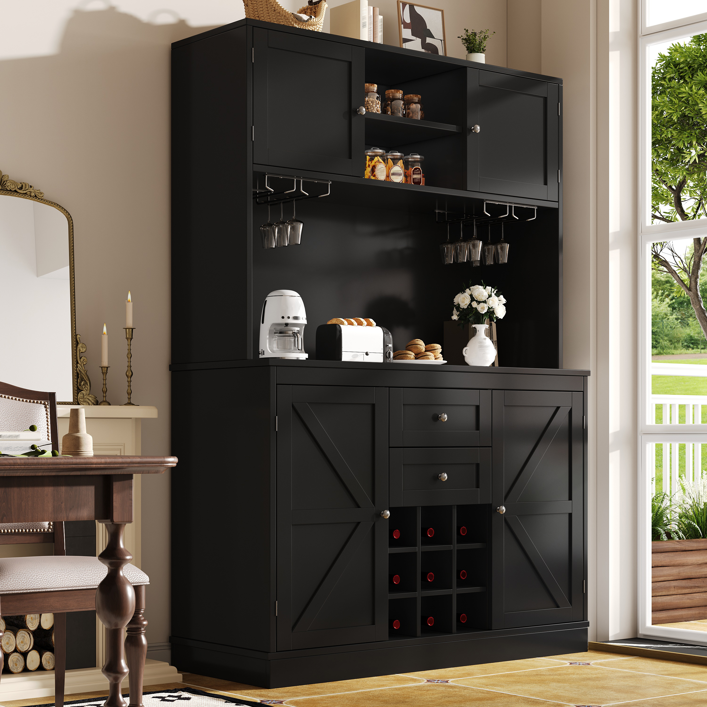 Image of Kitchen Cabinet With Adjustable Shelves & Wine Rack, Tall Kitchen Sideboard With & 2 Drawers, Sideboard For Kitchen & Living Room, Buffet Cabinet, Black