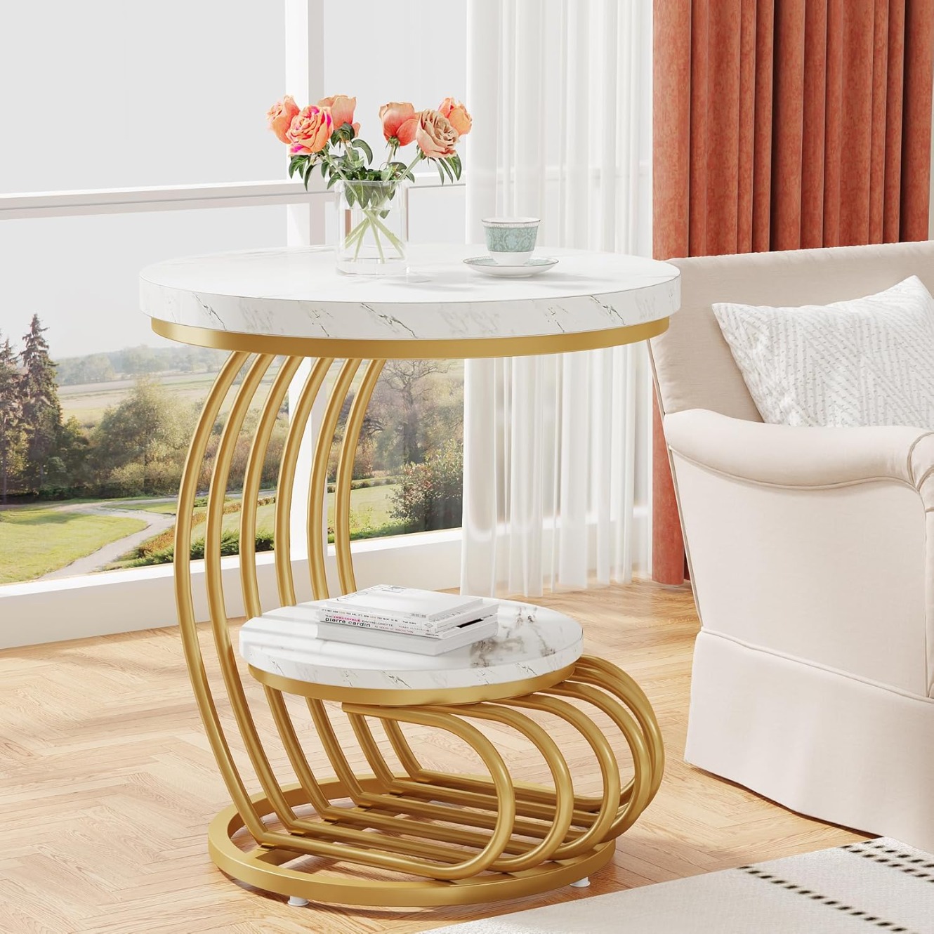 Image of Modern Gold Round End Table, 2 Tiers Marble Side Table With Storage Shelf, White Gold Bedside Nightstand, -shaped Frame Accent Table For Living Room, Bedroom