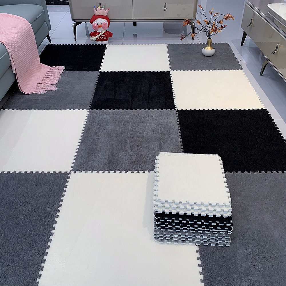 12/24pcs Set of Plush Patchwork Carpet Mats, 30x30cm, Non-slip EVA Foam Washable Thickened Carpet, Multi-color Patchwork Interlocking Floor Non-slip Floor Mats for Living Room Bedside and Game Room