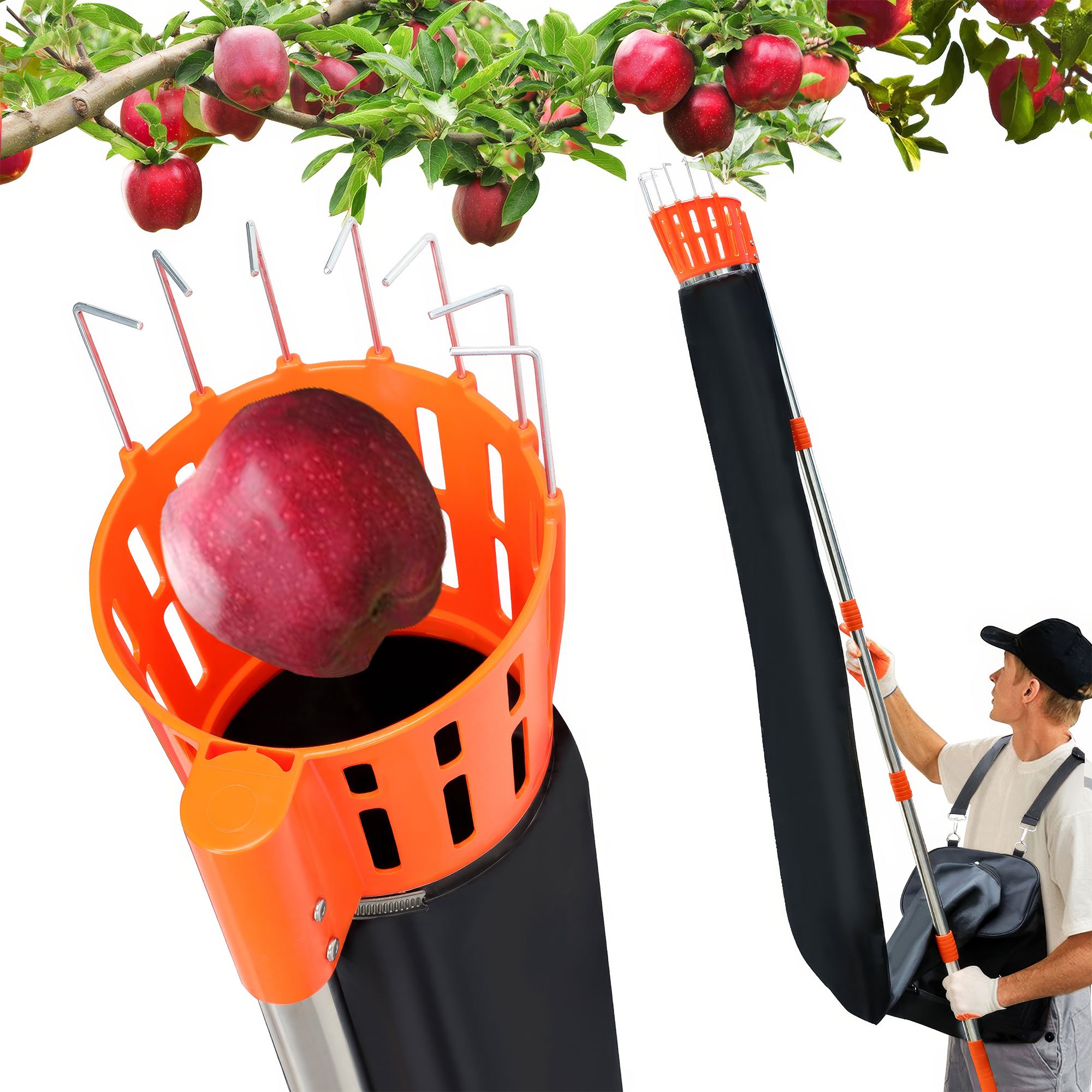 E-shop Pametik - Obstsammler mit teleskopischem Griff 4M mit Ständer und Orangefarbener und schwarzer Stofftasche