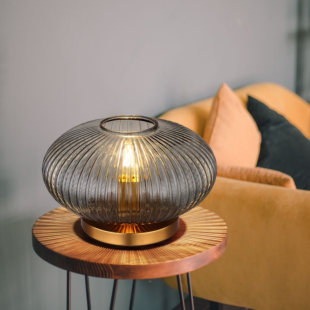 Image of Led Table Lamp With Smoked Glass, Retro Bedside Lamp, Table Light For Living Room, Brass Metal, 1x E27 Filament Led Warm White, Dxh 30x 20 Cm