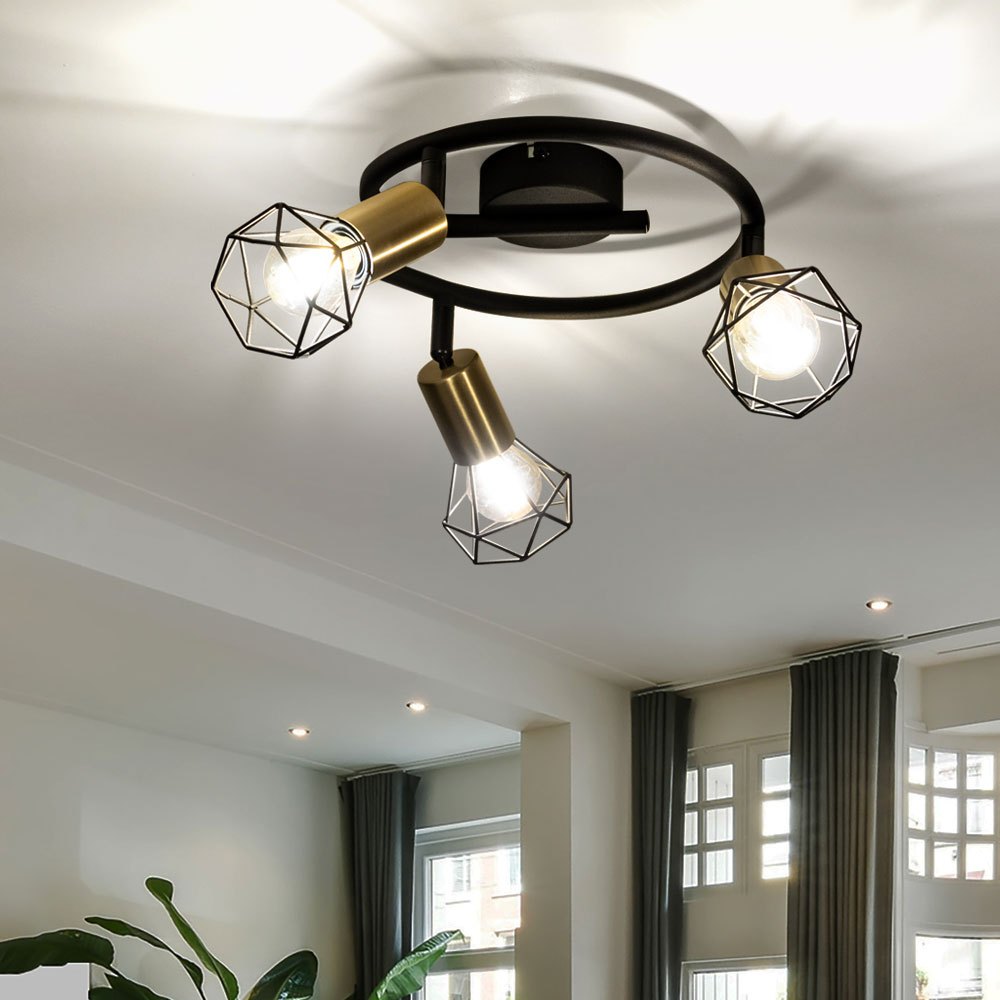 Retro Industrial Ceiling Lamp 3-flame Black, Adjustable Spotlights, Metal Mesh Brass, 3x E14 Sockets, Dxh 23x18 Cm