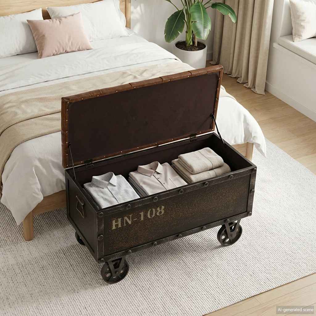 Image of Vidaxl Storage Bench, Solid Wood, Brown, 80.5x41x50 Cm, Pine Wood &with Artificial Leather, Ottoman, Upholstered Seat, Steel Rollers, Hallway And Entrance Area