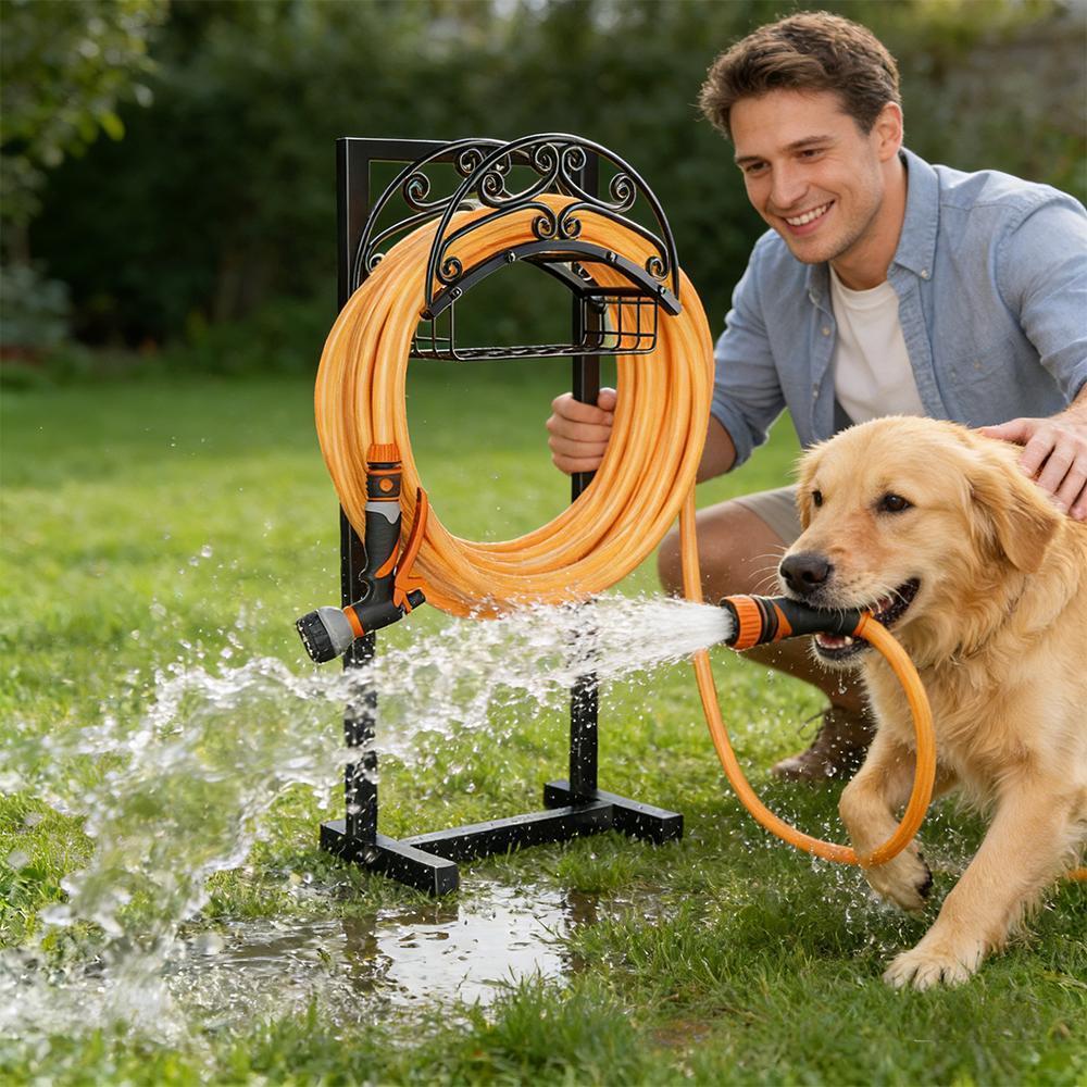 Detachable Black Metal Garden Hose Hook & Hanger, Outdoor Garden Stake Organizer, Vertical Ground Insert Stand For Yard Decor & Tool Storage