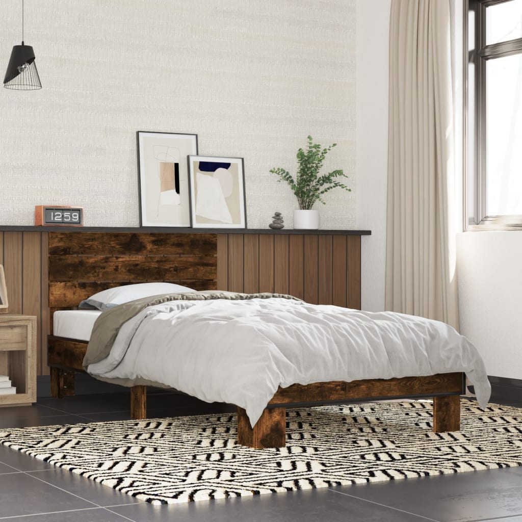 Vidaxl Bed Frame, Single Bed With Headboard, Bed Frame With Slats, Bedroom Bed, Smoked Oak 100x200cm Wood Metal