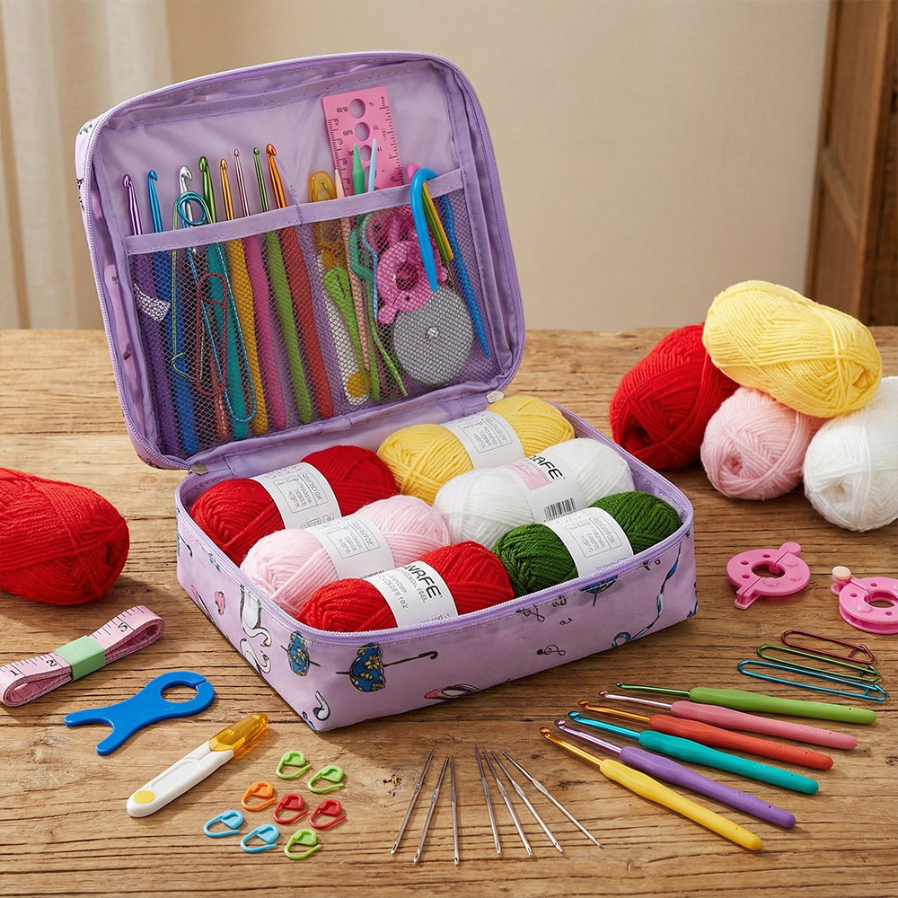 TEMU Knitting Starter Colorful Tool Set For Adults, Complete Crochet Kit With Ergonomic Hooks And Storage Case, Includes Yarn Balls And For Crafting