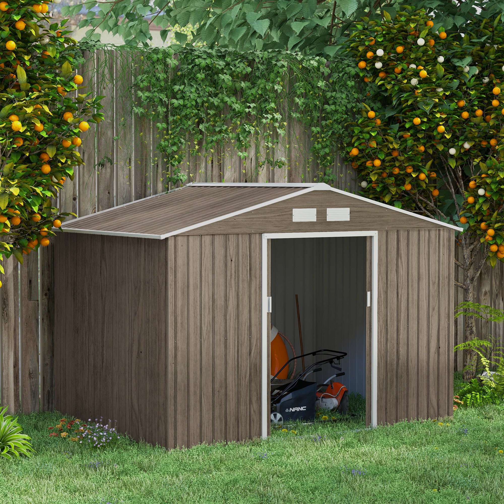 Image of Tool Shed 4.9 M², Garden House With Roof, Sliding Door, Foundation, 277 X 195 X 192 Cm, Tool Shed Made Of Galvanized Steel, Weather-resistant, For Garden, Brown.