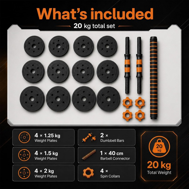 20KG Adjustable Dumbbell Set 3-in-1 Weight Set with Connector Bar