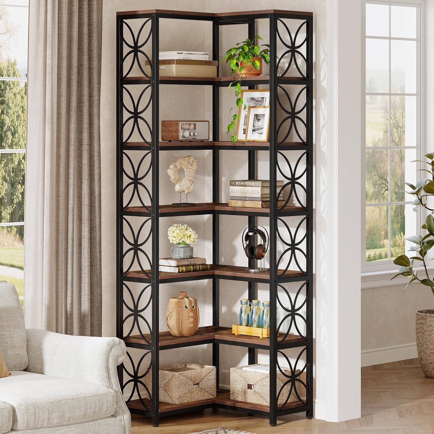 E-shop Vintage 200 cm hohe Eckbibliothek, Industrielles 7-stufiges L-förmiges Holzregal mit Metallrahmen, Freistehendes Eckregal für Wohnzimmer, Küche,