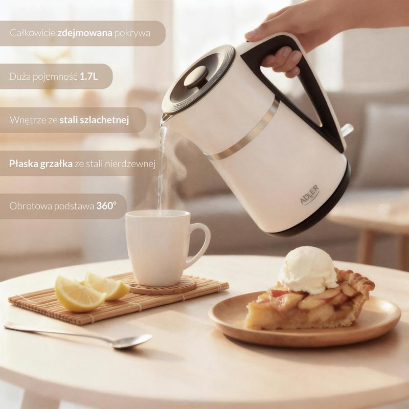 Image of Adler Ad 1355 Electric Kettle 1.7l White, Energy-efficient, Rotating Base, Anti-scale Filter