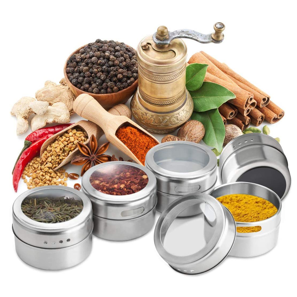 TEMU Magnetic Stainless Steel Spice Jar Set (12-piece), Kitchen Spice Storage Containers, Space-saving, Spice Tins Stainless Steel Transparent Top