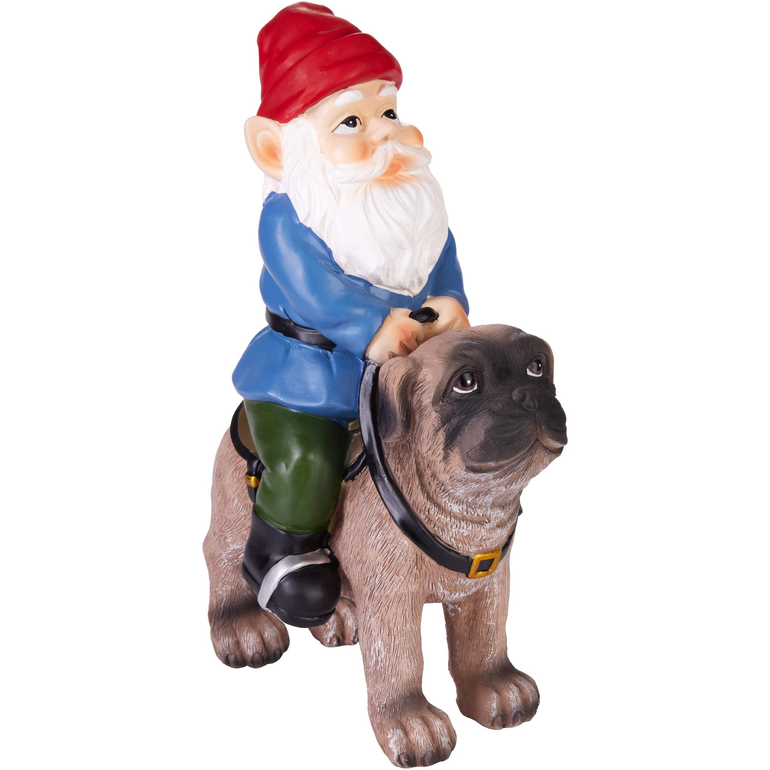 Image of Brubaker Garden Gnome With Dog - Gnome Riding A Pug With - Funny Garden Figure - Weatherproof Decoration For Garden, Campsite, Dog Owners - Outdoor Garden Decor - Tall