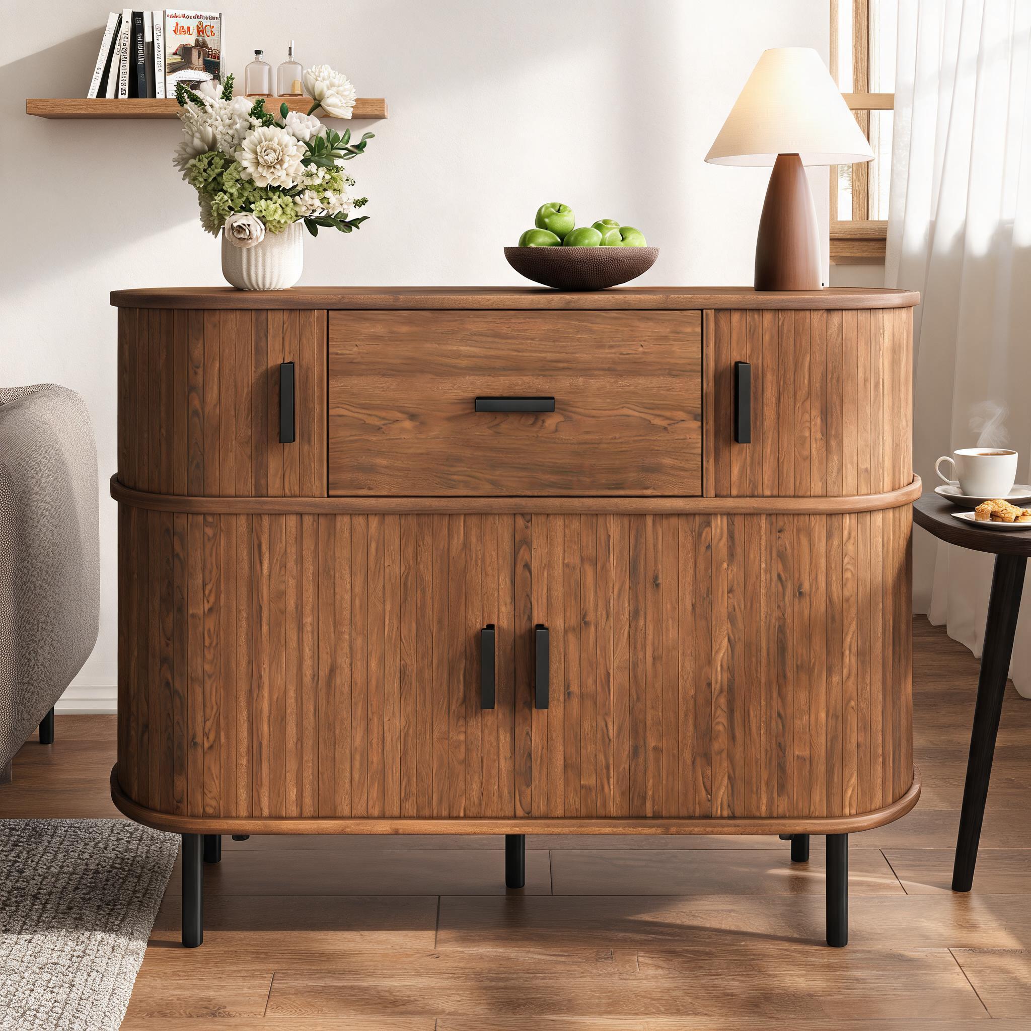 Two-tier Sideboard With Sliding Doors And Drawer – Solid Wood Dresser, Living Room Cabinet, Storage Furniture