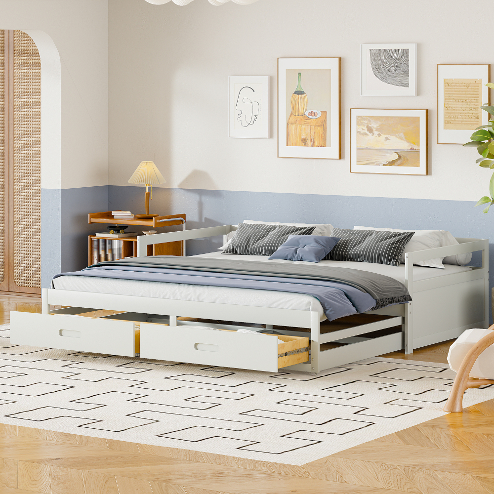Image of Pine Wood Sleeper Sofa, Extendable Up To 90/180*200 Cm, With Storage Drawers, Space-, Sturdy, Durable, Breathable, Easy To Assemble, For Bedroom