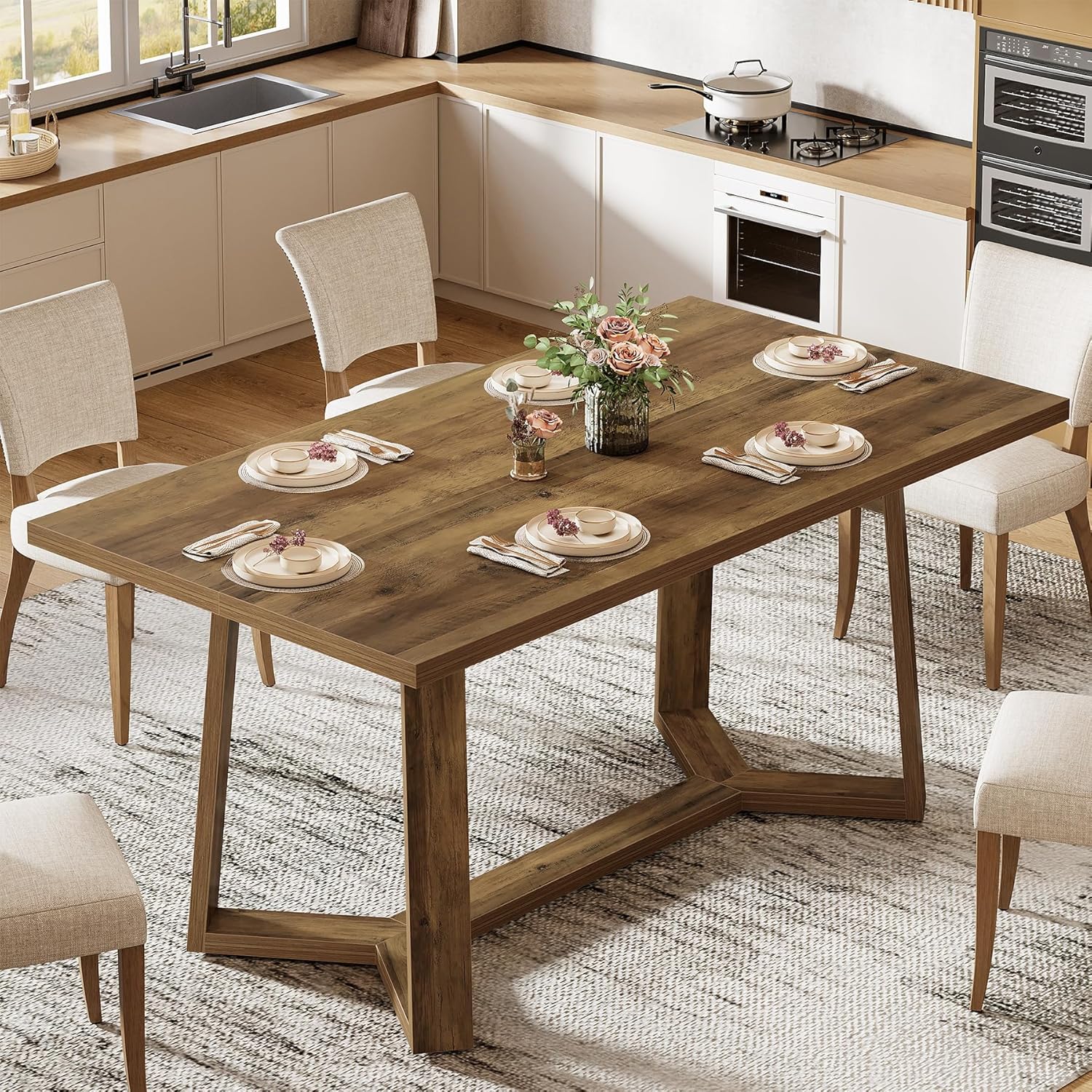Vintage 120 Cm Dining Table For 4, Modenr Dinner Table With Sturdy Legs, Farmhouse Wooden Eating Table For Home, Dining Room, Small Space, Easy Assembly