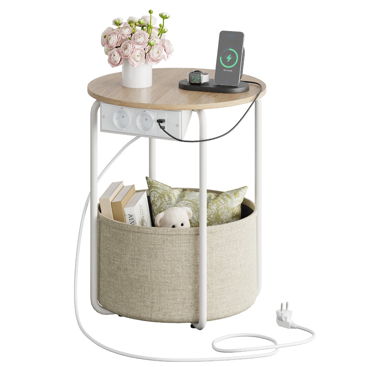 Side Table With Charging Station, Round End Table With Fabric Storage Basket, Small Coffee Table, Sofa Table For Living Room, Bedside Table With Metal Frame For Bedroom