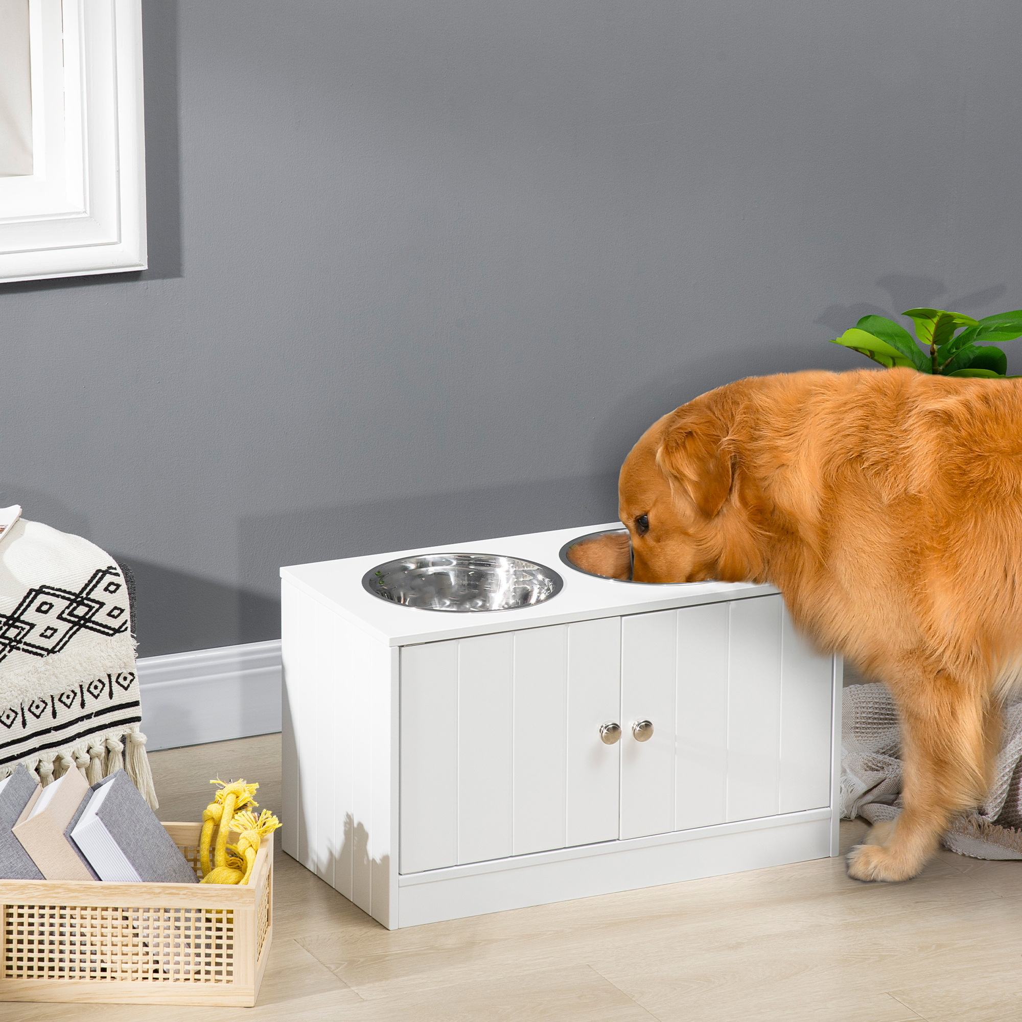 Image of Elevated Dog Bowl Feeder With Storage Water Bowl 2 X 2000ml Stainless Steel Bowls For Large Dogs Cats White
