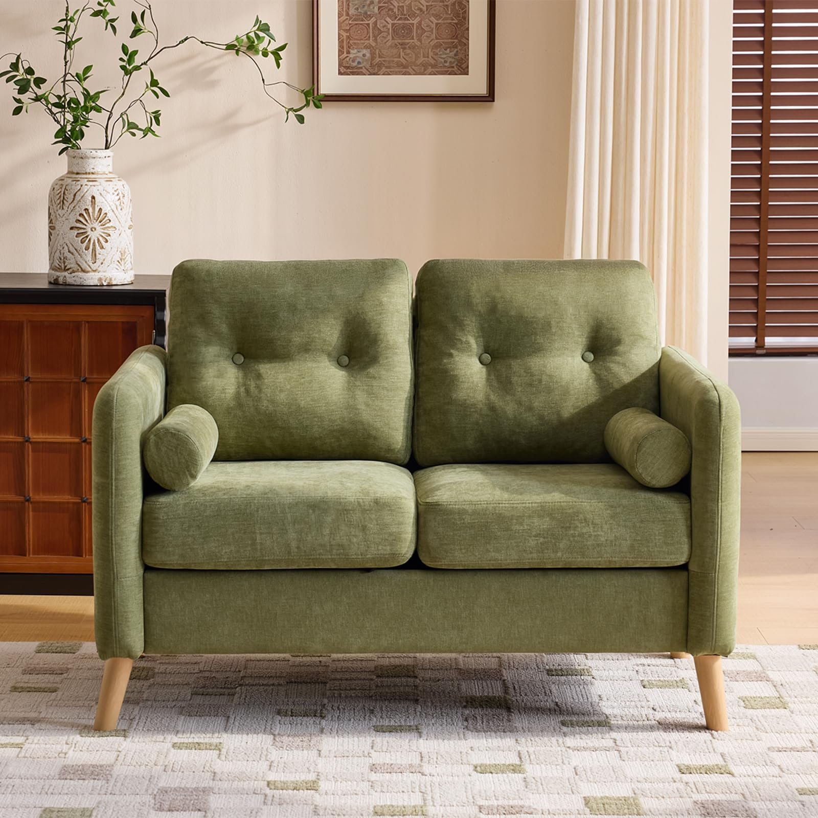 Image of Small Green 2-seater Sofa, 120cm Couch Made Of Chenille Fabric