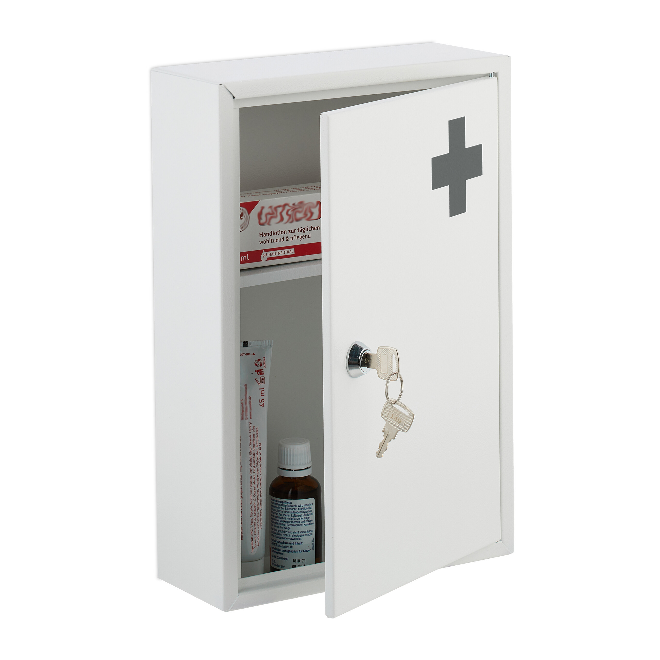 TEMU Lockable Medicine Cabinet, 2 Compartments, 32 X 21.5 X 8 Cm, Iron, White And Anthracite, , Wall-mounted, For Medicine, Bandages, And Kits,