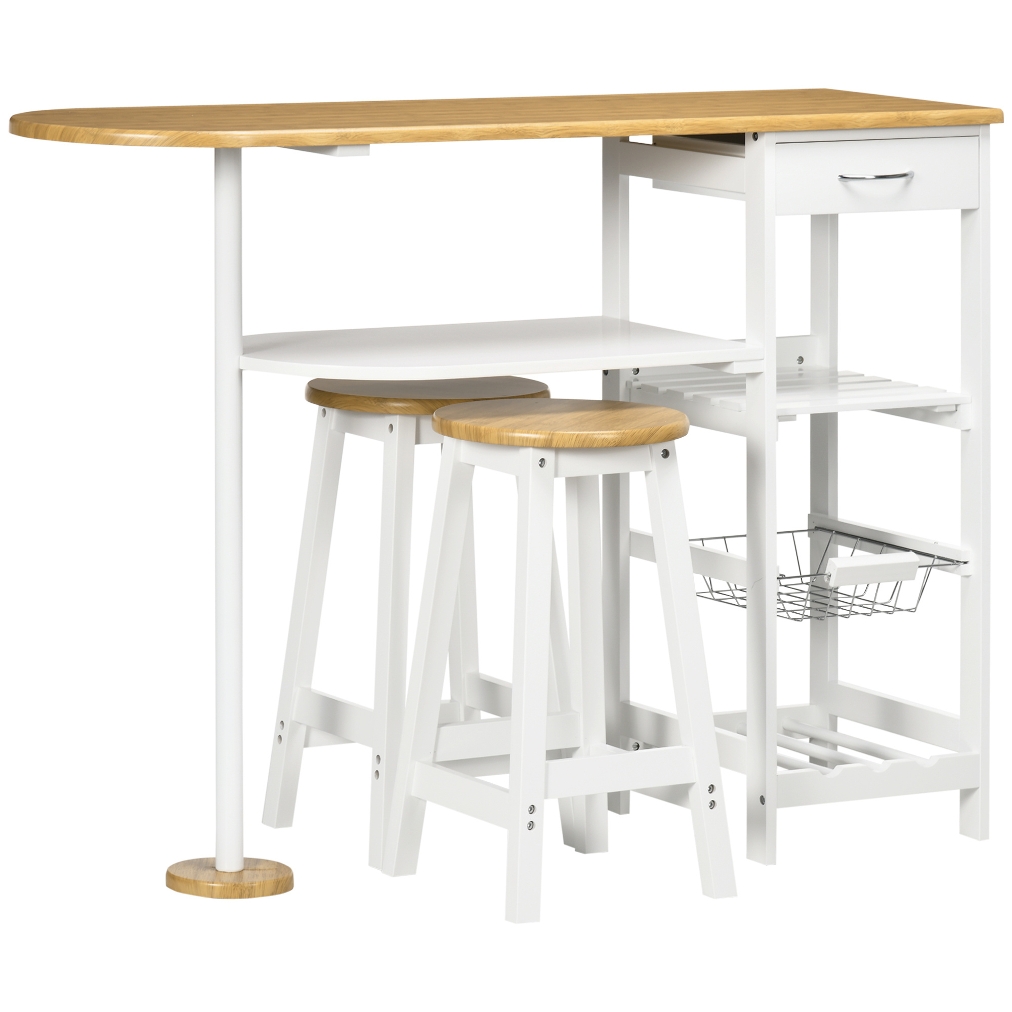 TEMU Ensemble de Table de Bar Homcom avec 1 Tiroir, 2 Étagères, Panier Extensible et Porte-Bouteilles, Table Haute 119x38,5x88,5 cm avec 2 Tabourets