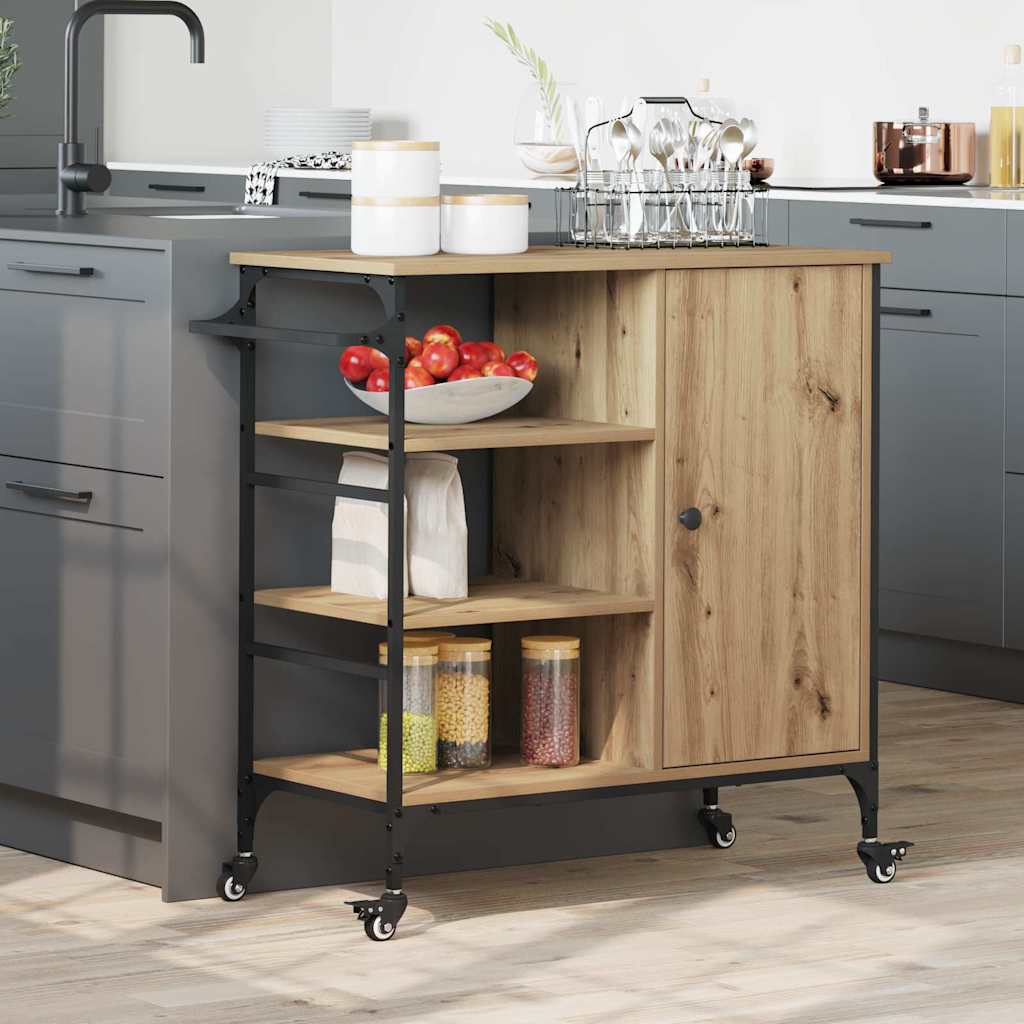 Image of Vidaxl Kitchen Trolley Oak Portable Storage Rolling Buffet Cart For Indoor Spaces 87.5x38.5x84.5cm Ideal For Food Preparation Wooden Island Mobile Storage Cart Rustic Freestanding Furniture