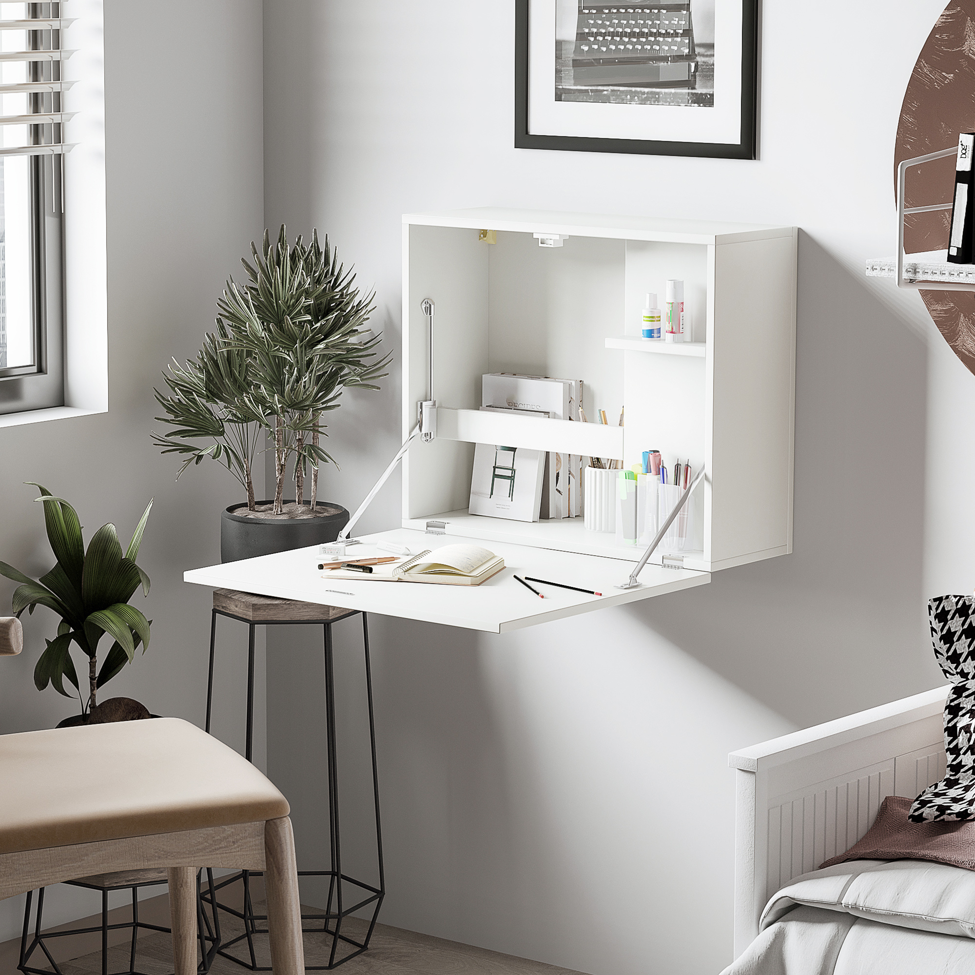 Image of Homcom Wall-mounted Folding And Space- Desk With Shelves, For Study, Living Room And Office, In Particleboard And Mdf, 60x21.5x50 Cm, White
