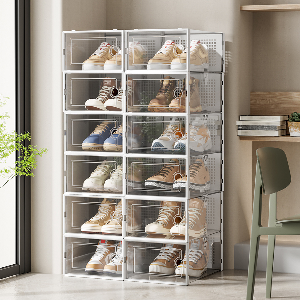 12 Pack Shoe Boxes Plastic Transparent Stackable Shoe Storage Organisers Rack Foldable Versatile Container Bin To Uk Size 9.5 For Footwears, Trainers, Sneakers Entryway, Closet, Under Bed Space-