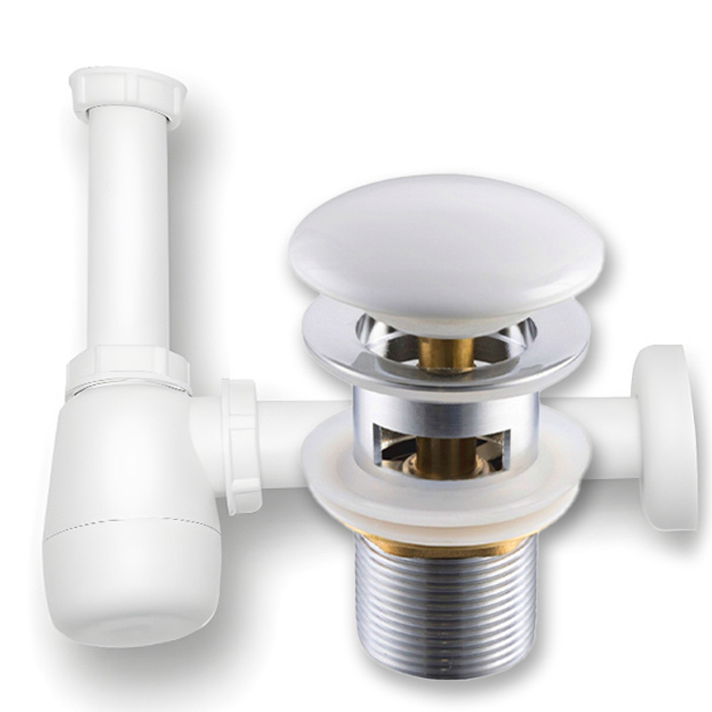Image of Set: Click- Plug With Ceramic Overflow White + Bathroom Sink Syphon
