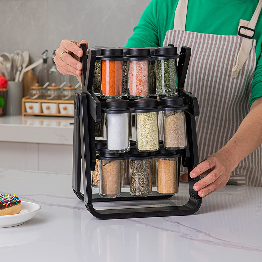 TEMU Black, Kitchen Multifunctional Rotating Wheel Glass Seasoning Rack, Set Of Seasoning Bottles, Seasoning Cans, Spice Jars, Occupying A Small Area