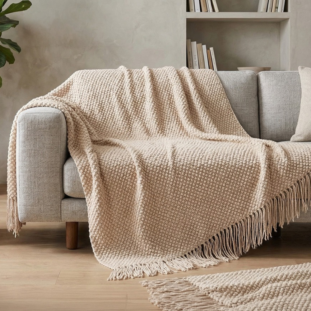 TEMU 1pc High-end Solid Color Corn Pattern Tassel Small Throw Blanket And Sofa Blanket, Soft And Comfortable Bed-end Blanket And Air-conditioning