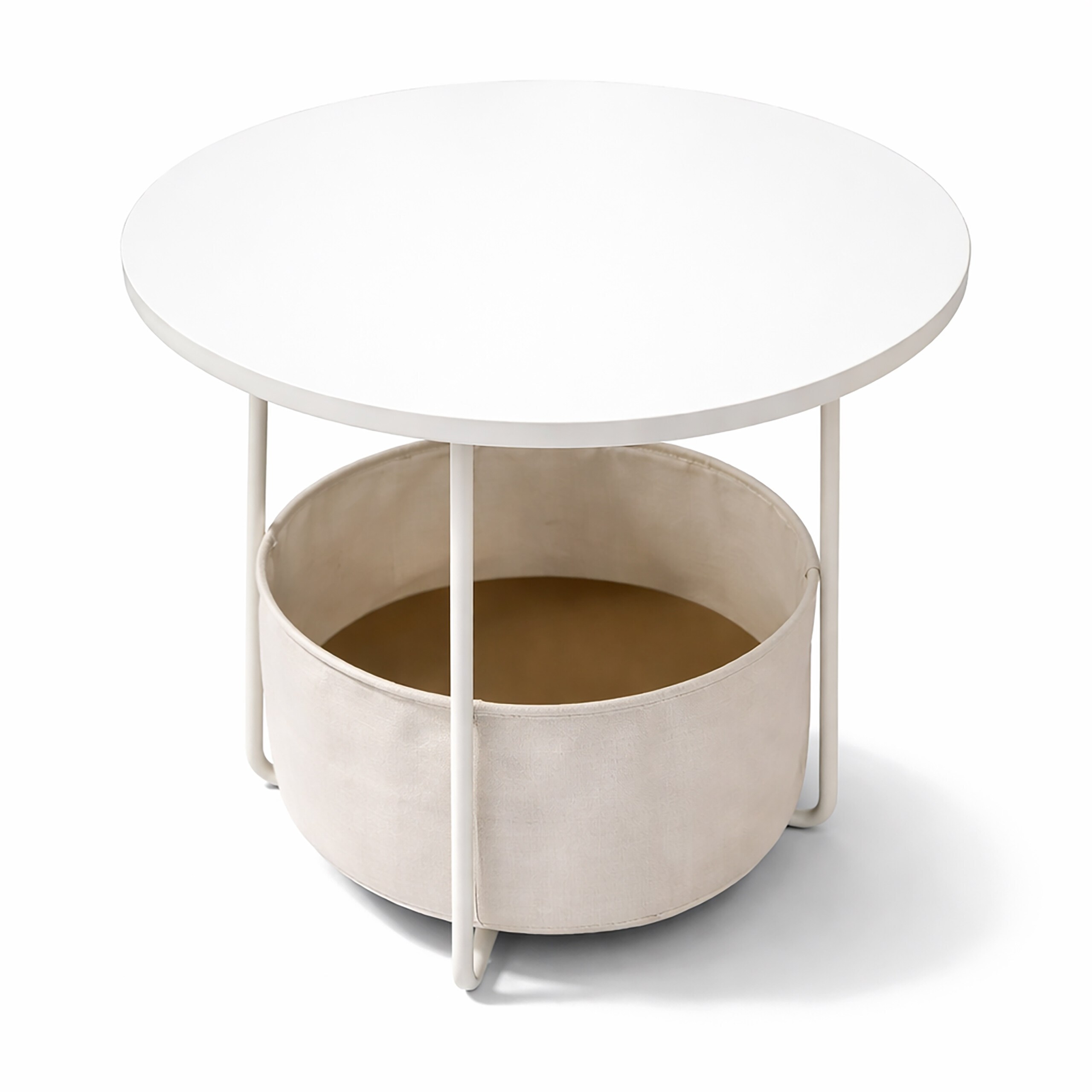 TEMU Beistelltisch rund, Stoffkorb, 50 x , MDF-Tischplatte, Eisen-Gestell, Polyesterkorb, naturbeige-cremeweiß, herausnehmbar und waschbar, für