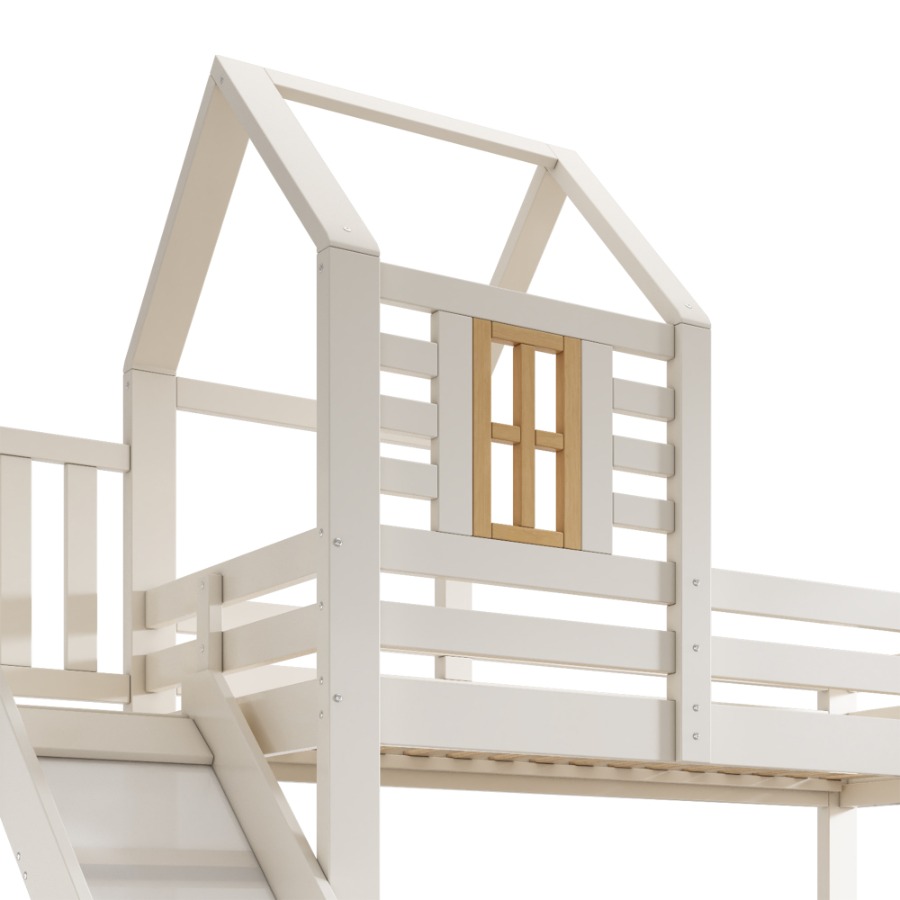 Bunk Beds for Kids, Wooden Cabin Bed with Ladder and Slide, Multi-functional Tree-house Bed, Children's House Bed, Twin Sleeper (90+135) x 190 cm, Solid Wood, White