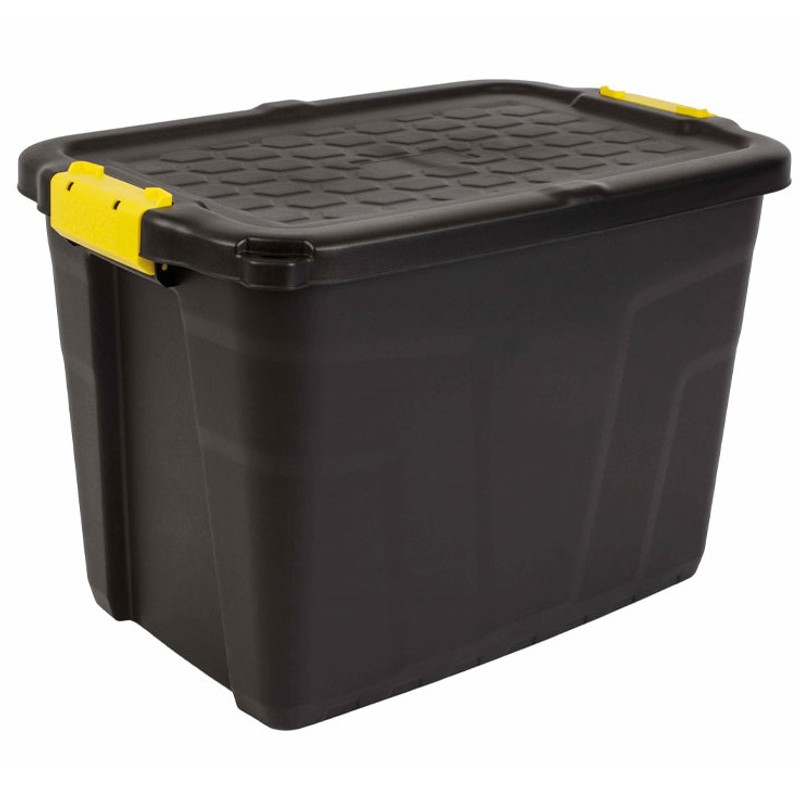Samuel Alexander 60L Heavy Duty Storage Tub Sturdy, Lockable, Stackable And Nestable Design Storage Chest With Clips In Black, Black