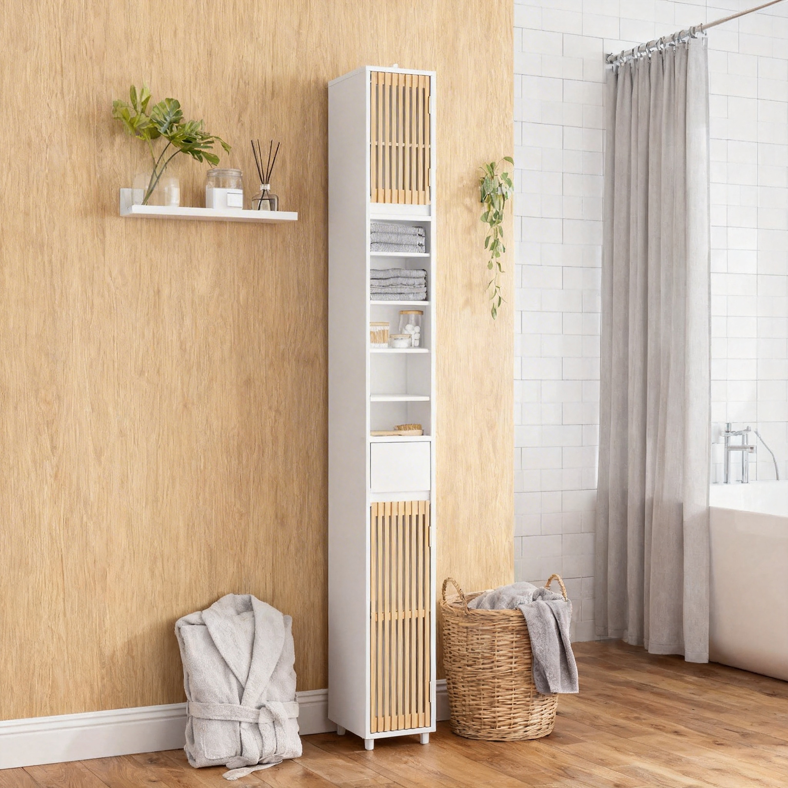 Image of Bathroom Furniture, High Cabinet Column, Small Bathroom Shelf With 6 Adjustable Compartments, Shelf For Small Room Made Of Wood, White, 20x20x180cm - Cas45-cx