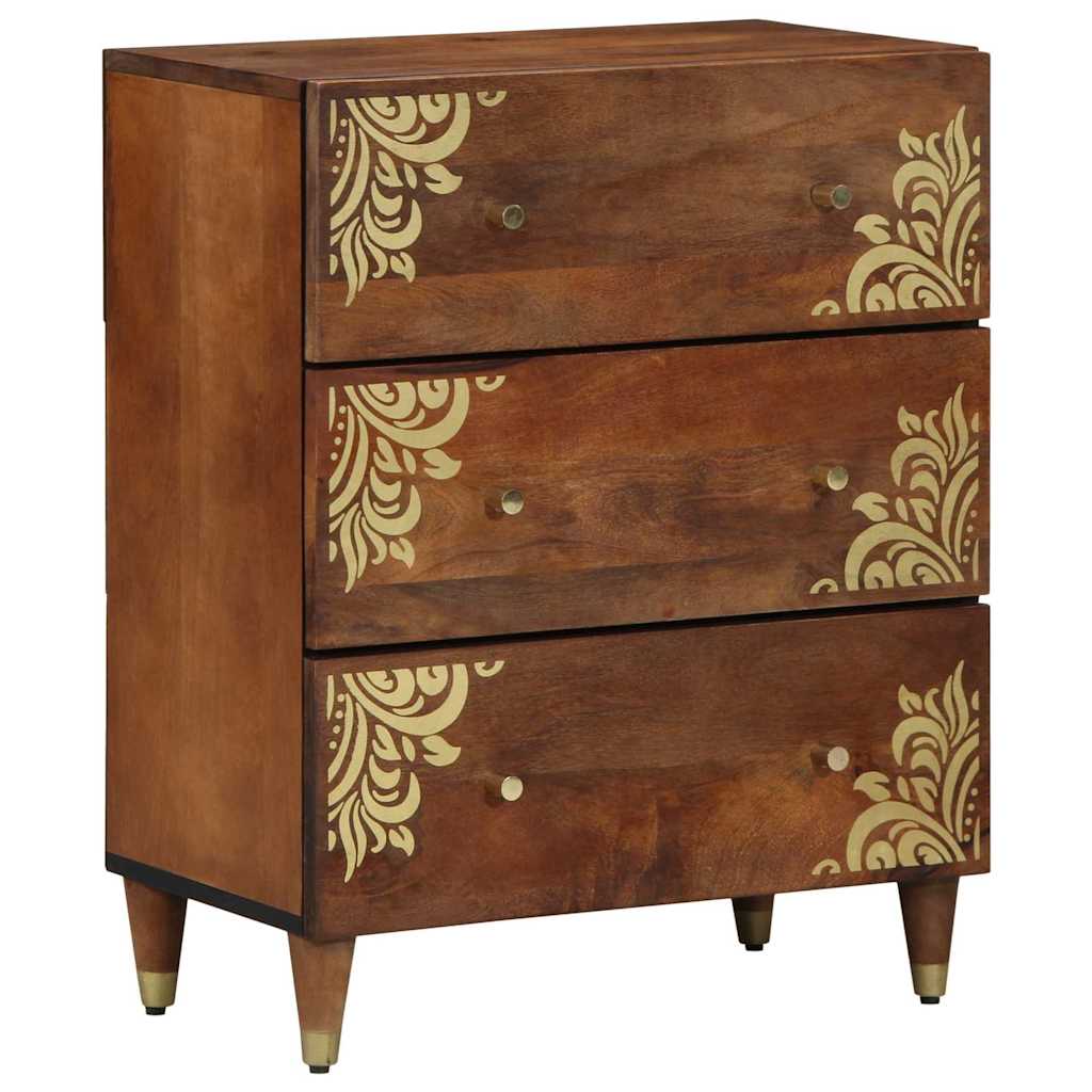 Image of Vidaxl Honey Brown Wooden Storage Cabinet With 3 Drawers | Floral Pattern Solid Acacia Indoor Use Furniture Living Room Stylish Office