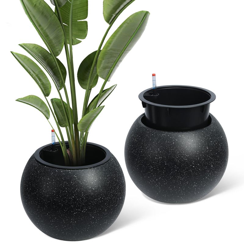 Image of Aptliton Self-watering Planter Pots – 2pcs 13.5" Modern Round Flower Pots With Water Level Gauge, Built-in Drainage, Indoor/outdoor Home Decor, Black Background With White Dots