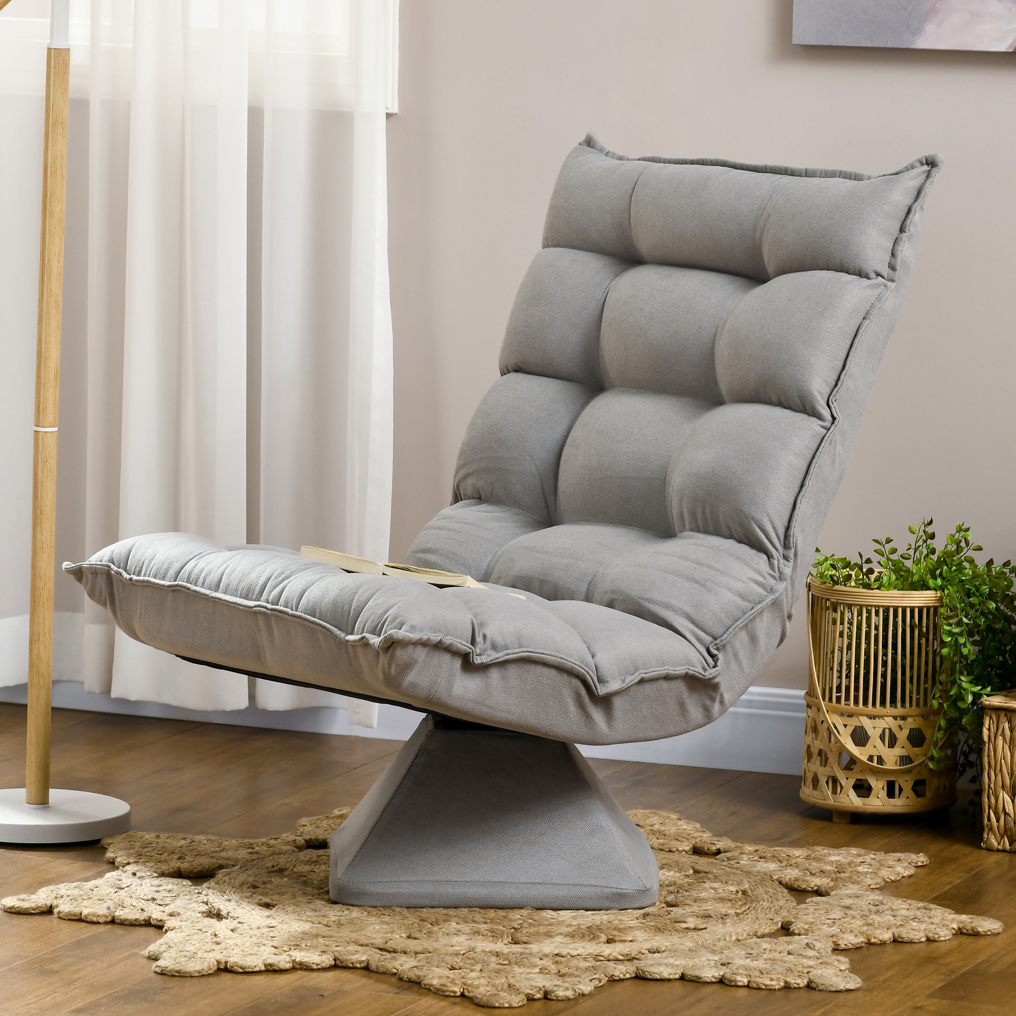 Image of Homcom Floor Chair Floor Sofa With Adjustable Backrest, Swivel Meditation Chair With Pedestal, Upholstered Recliner, Lazy Sofa For Living Room, Office, Light Gray