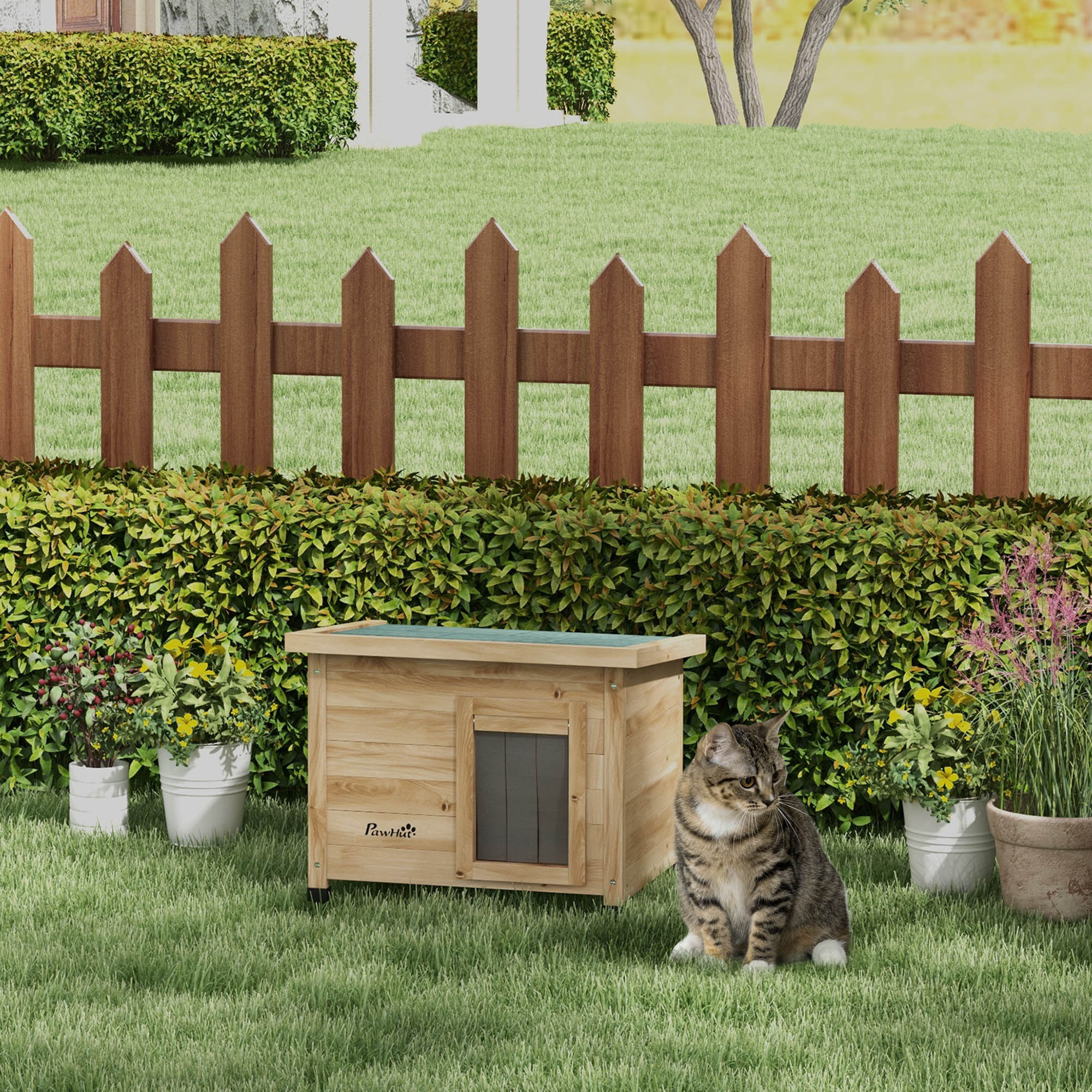 Wooden Pawhut Cat House, Outdoor , Cat Cave With Door Curtain, Small Animal House With Raised Design, For Garden, Balcony, Yellow, 57 X 45 Cm