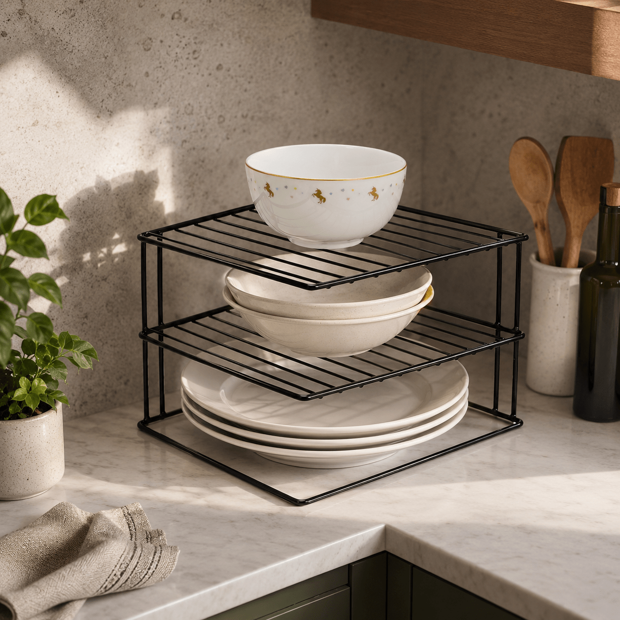 TEMU Black 3 Tier Corner Plate Rack, Kitchen Dish And Bowl Organiser For Cupboards, Countertops And Corner Storage, 25.5 X 25.5 X 19cm