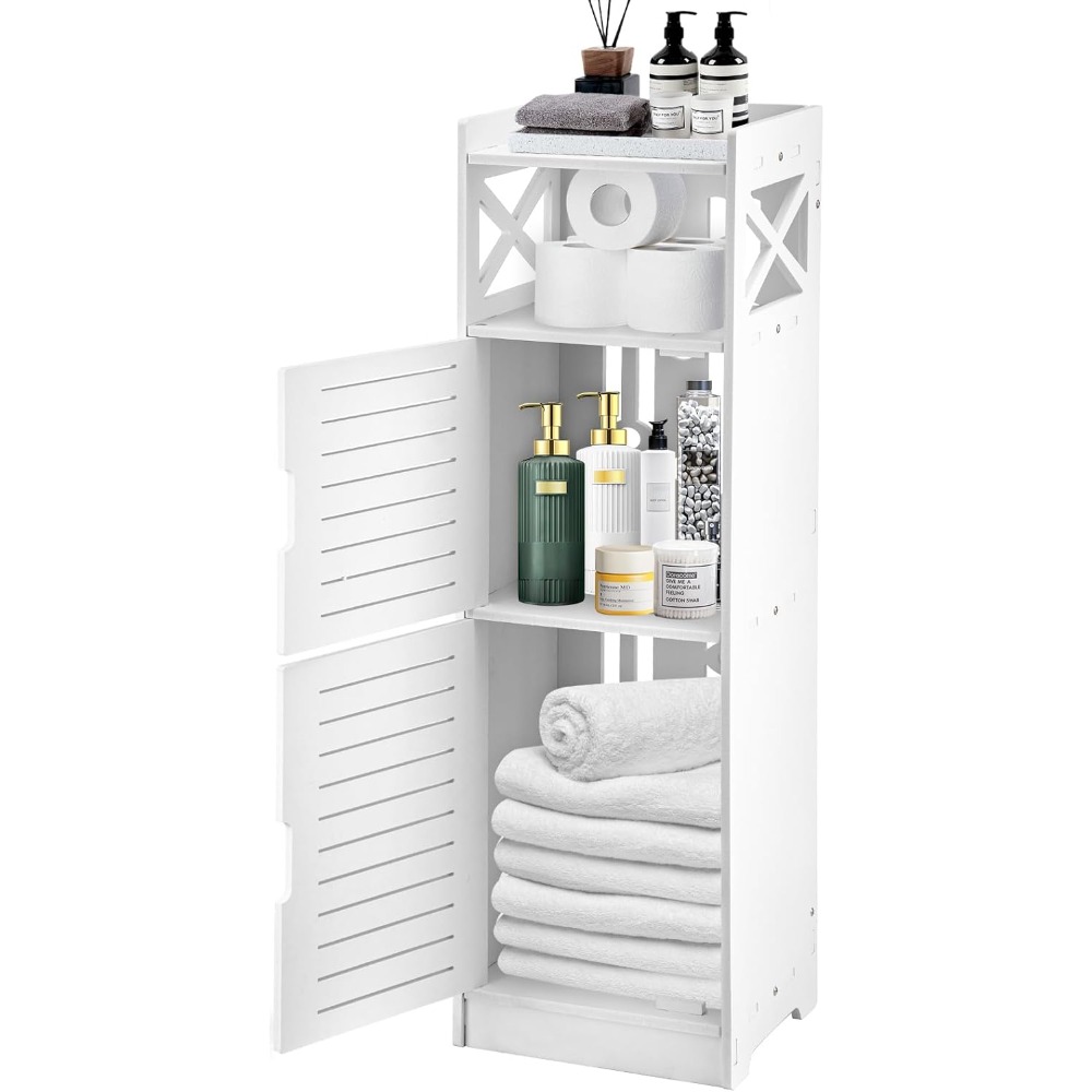 TEMU 3-stage White Wooden Cabinet With Door - Modern Freestanding Storage Organizer, 80 Cm -saving Shelving Unit For Bathroom, Living Room, Bedroom,