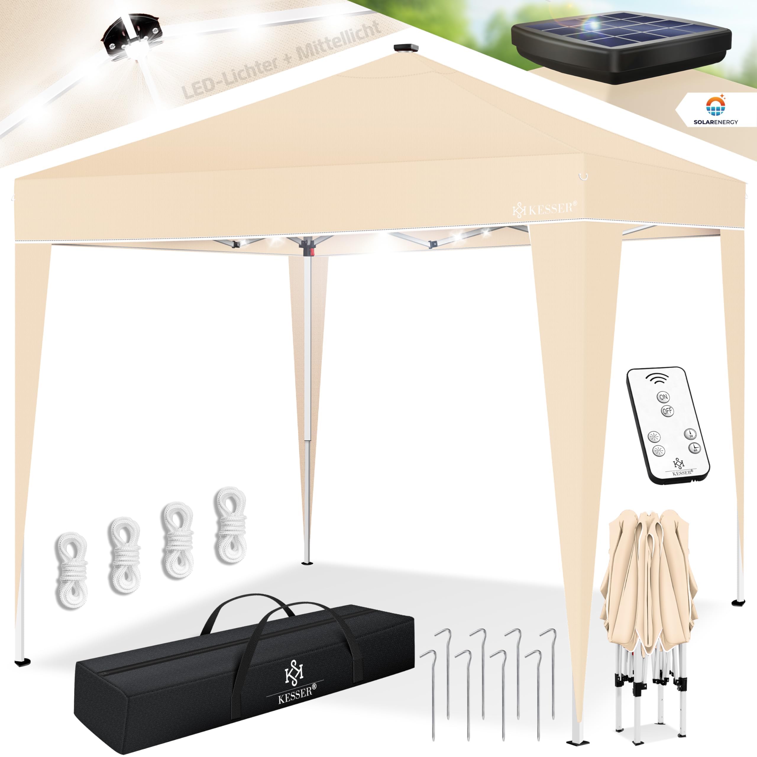 Kesser® Canopy 3x3m Foldable With Led Lighting | Pop-up Garden Height Adjustable Stable Waterproof Winterproof | Party Tent Festival Tent Uv Protection 50+ . Remote Control & Bag Beige