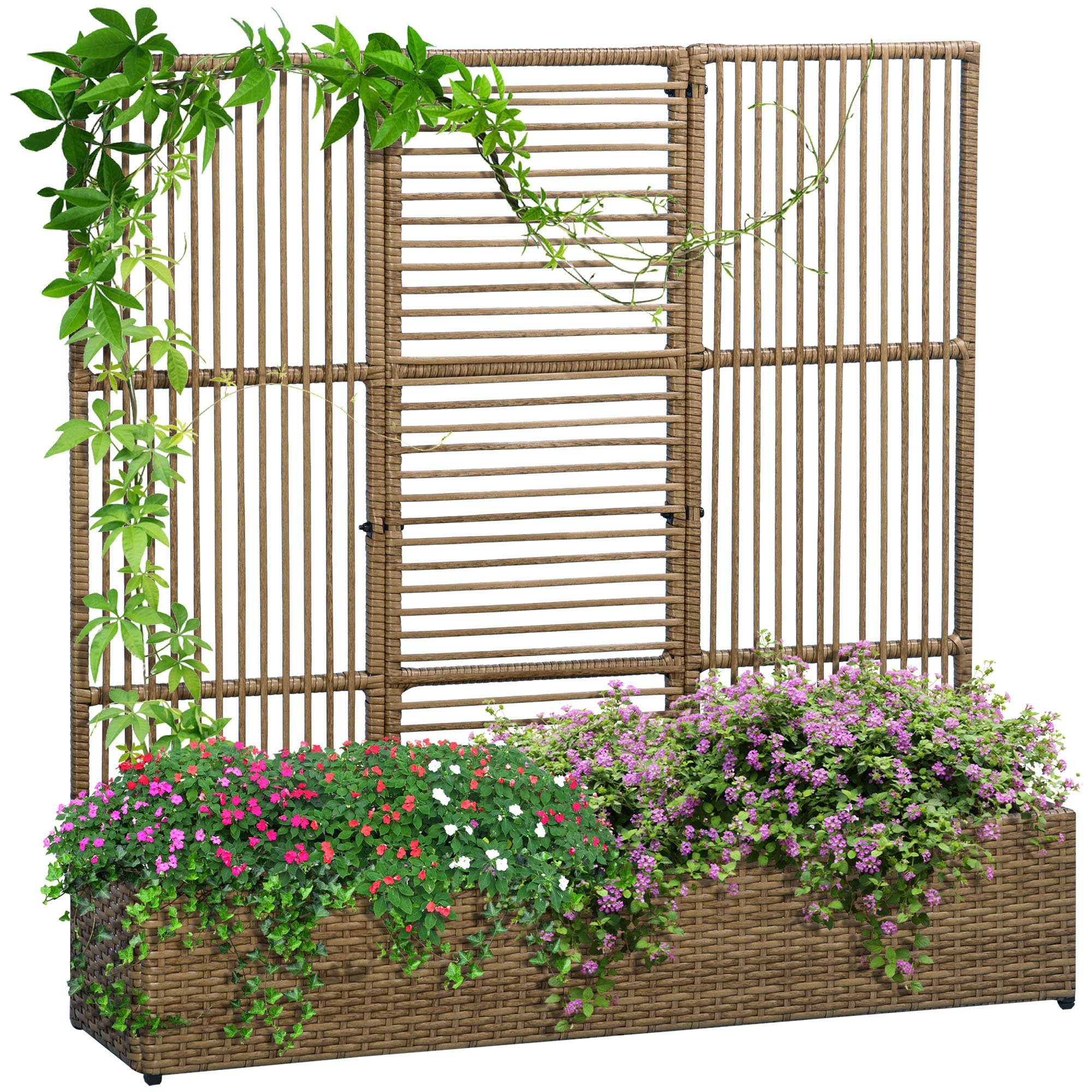 Image of Outsunny Garden Planter With Trellis Planter On Stand For Plants With Rectangular Flower Pot In Woven Pe Rattan And Steel, Dimensions: 103l X 29w X 103h Cm, Brown