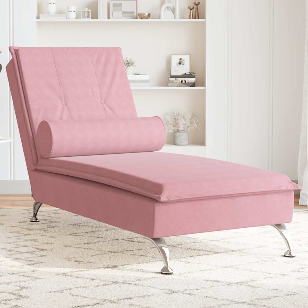 Massage-chaise Longue With Neck Roll In Pink Velvet