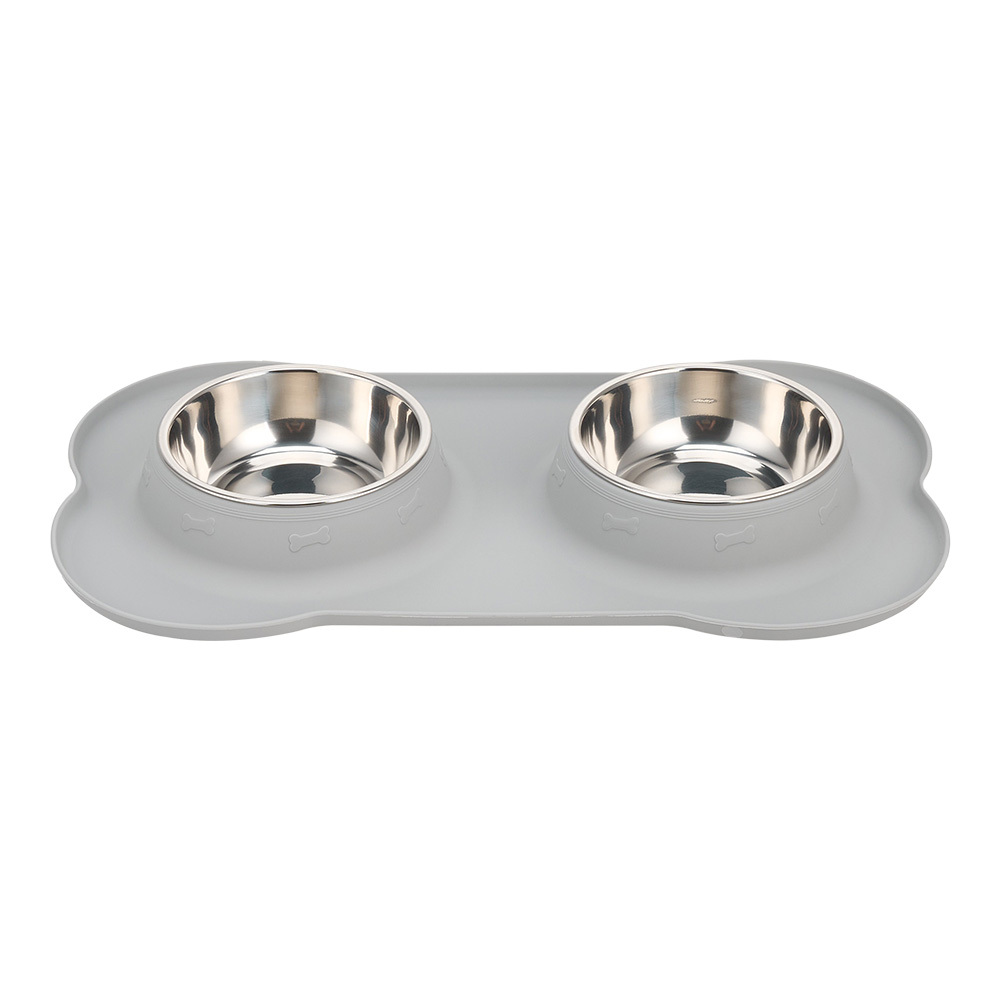 Dog Double Feeding Bowl Cat Food Bowls with Mat Tray for Dogs Cats with Non-slip Bottom Gray 18.5x29.5x3.5cm