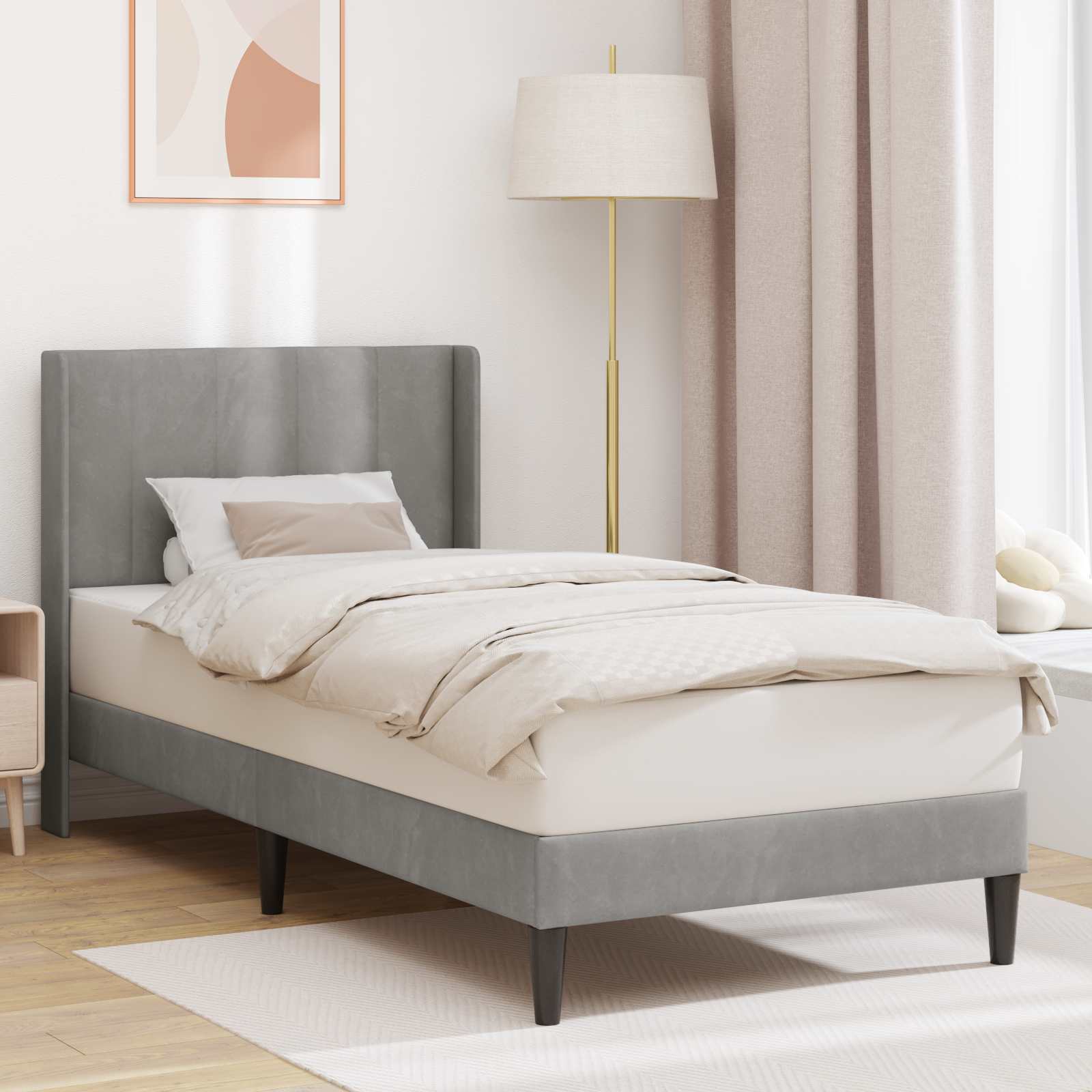 Bed Frame With Headboard, Light Gray, 100 X 200 Cm, Velvet, Modern Bed Frame, Rectangular Design, Durable Velvet Cover, Solution