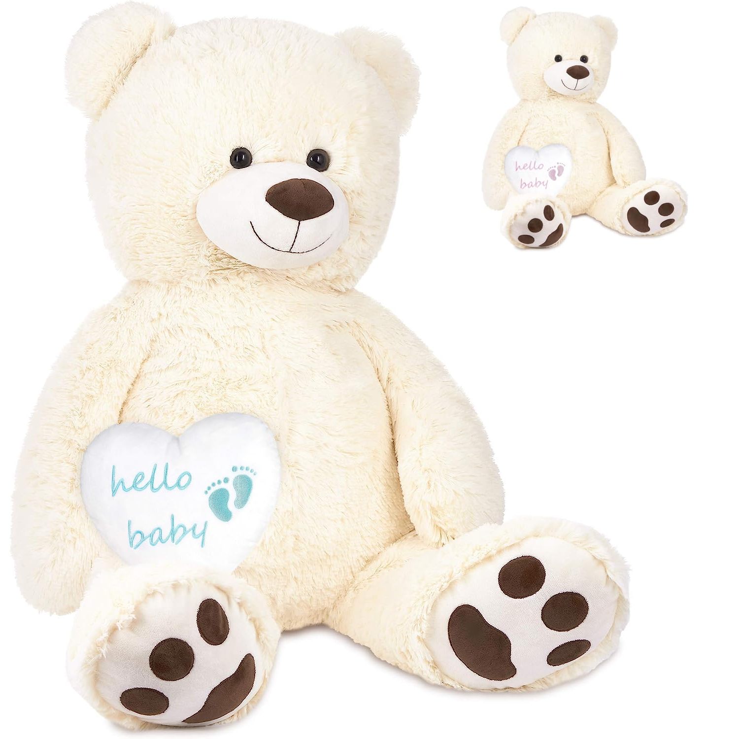 Image of Brubaker Xxl Teddy Bear White 100 Cm With Hello Baby Blue Heart - Gift For Birth, Baby Party And Newborn Boys - Stuffed Animal With Light Blue Heart Pillow - Plush Toy