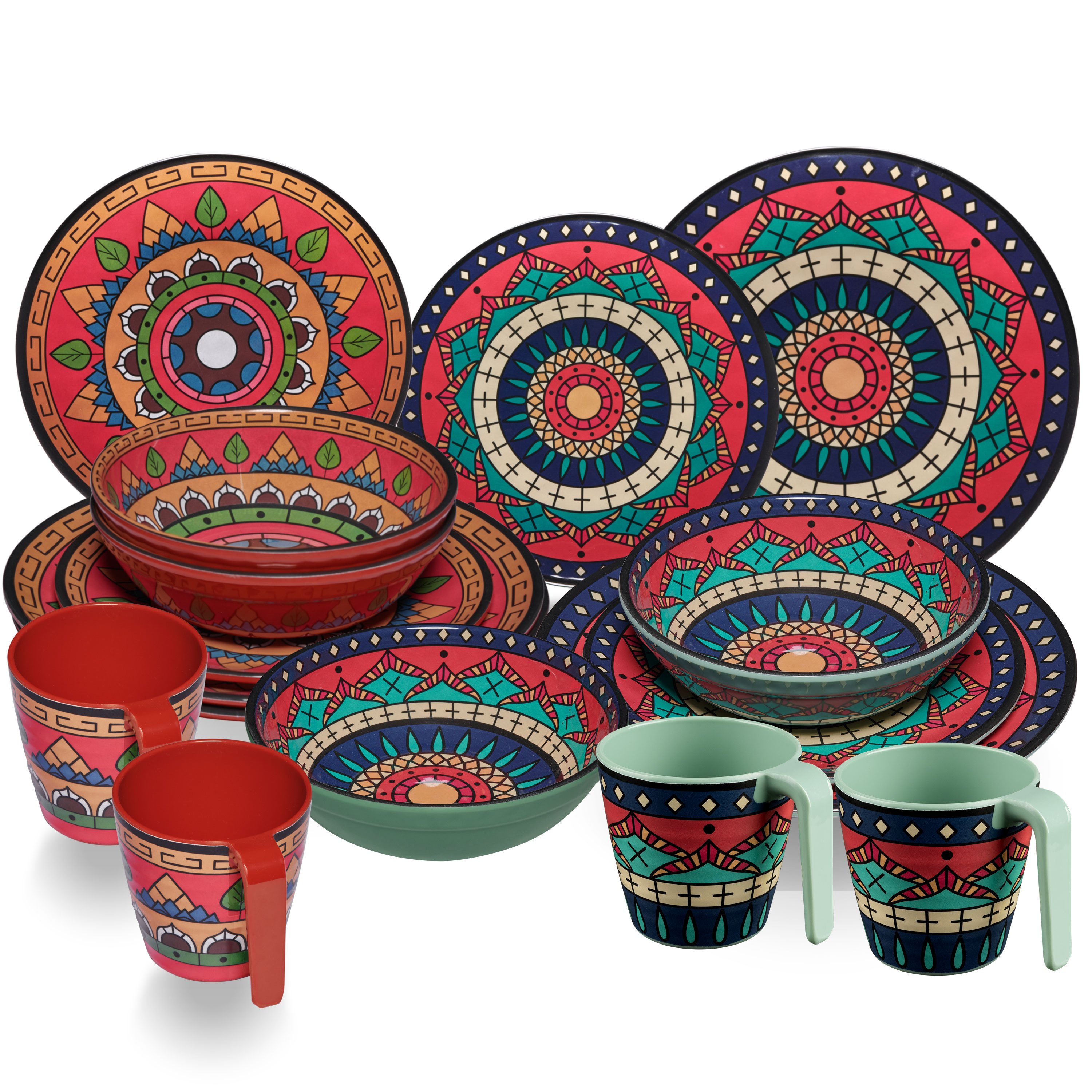 Image of Tuscany Deep Camping Tableware For 4 People - 16 Pieces - Red-green - Mandala Design, Dishwasher Safe, Dining Tableware, Camping Accessories, Camping, Festival, Picnic, Garden Party